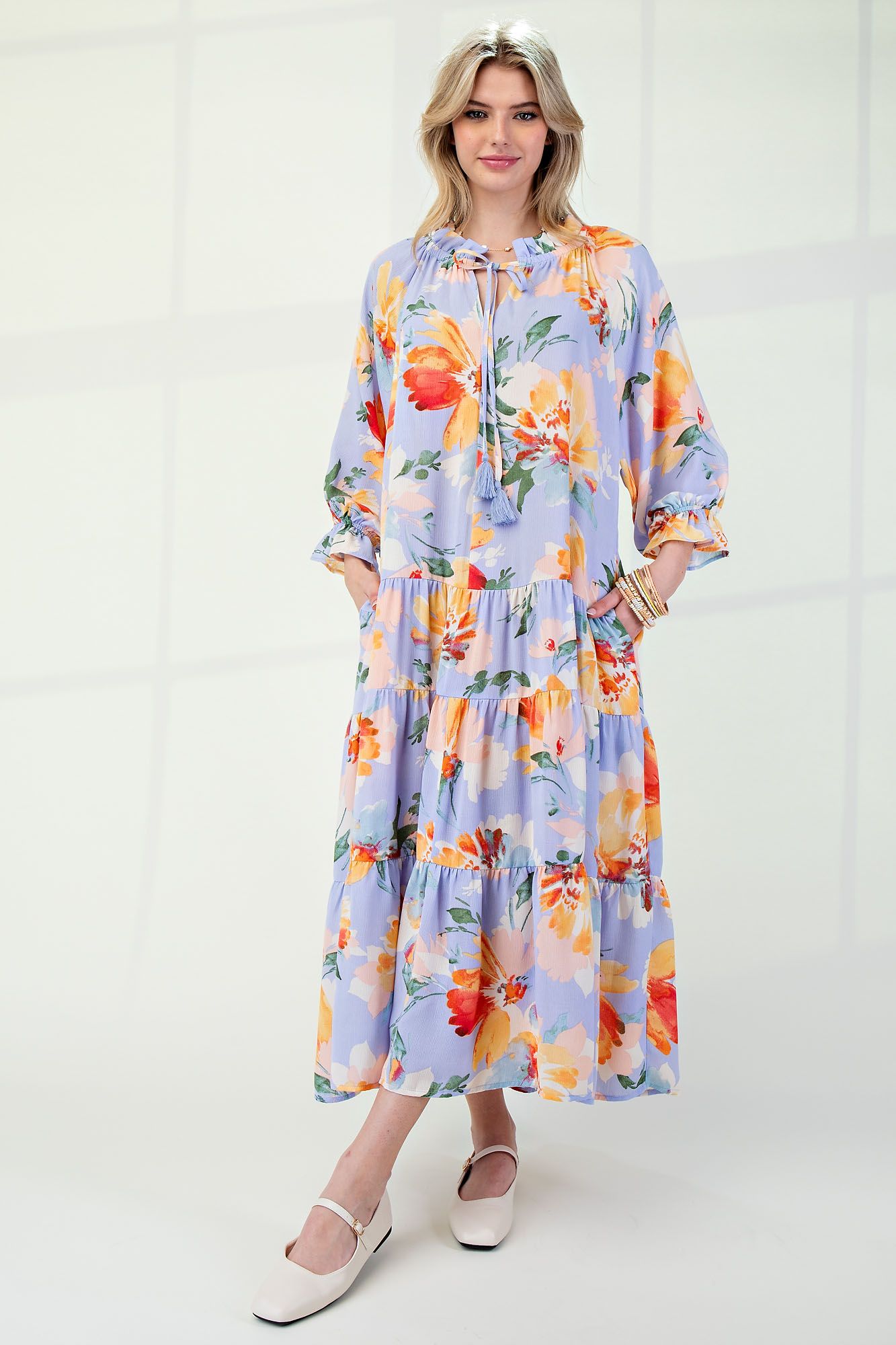 Deanna Floral Print Bubble Sleeve Tiered Maxi Dress - Be You Boutique