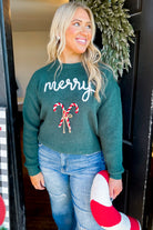 "Merry" Embroidered Long Sleeve Candy Cane Holiday Sweater - Be You Boutique