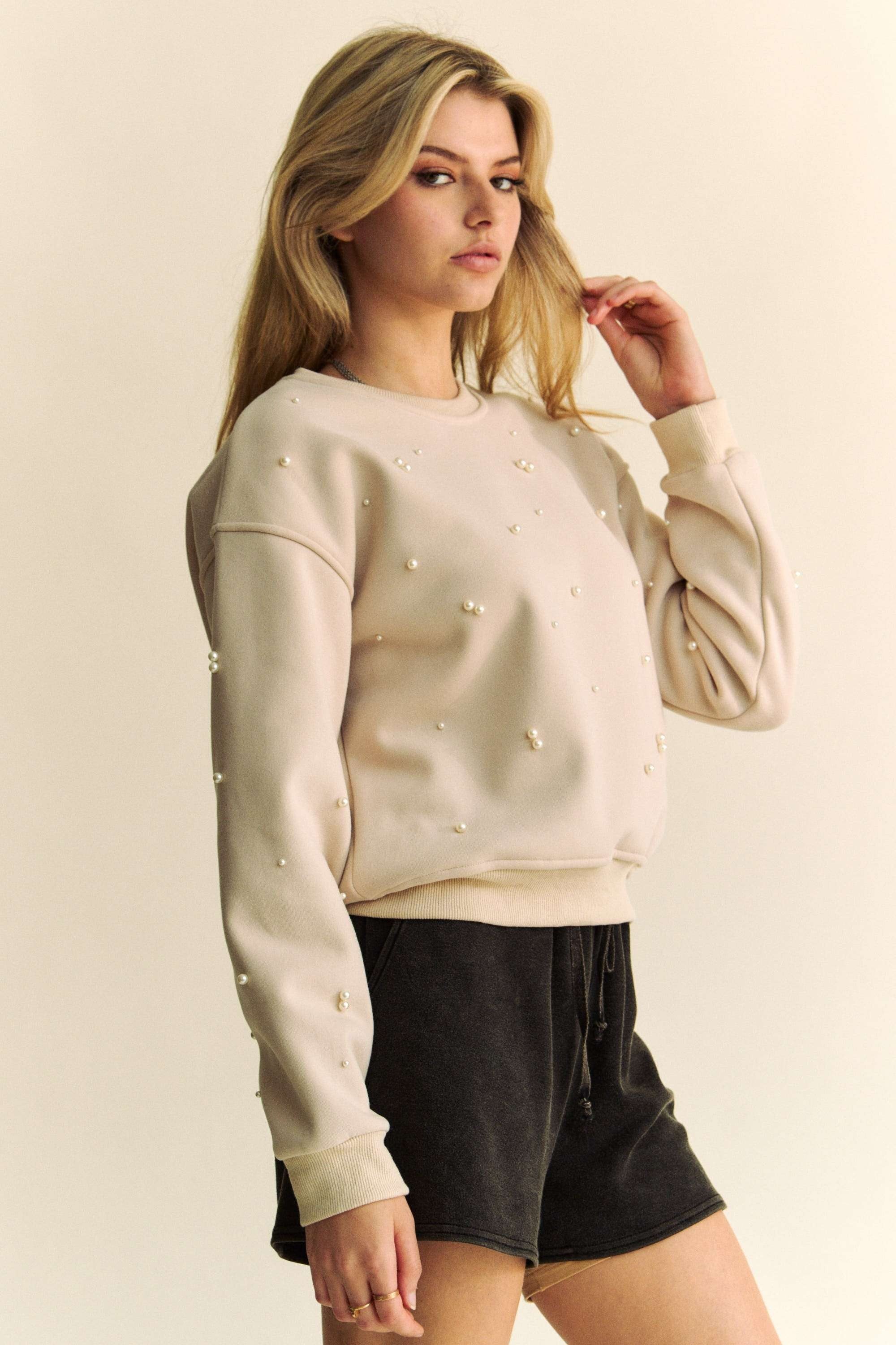 Mary Pearl Sudded Drop Shoulder Round Neck Sweat Shirt - Be You Boutique