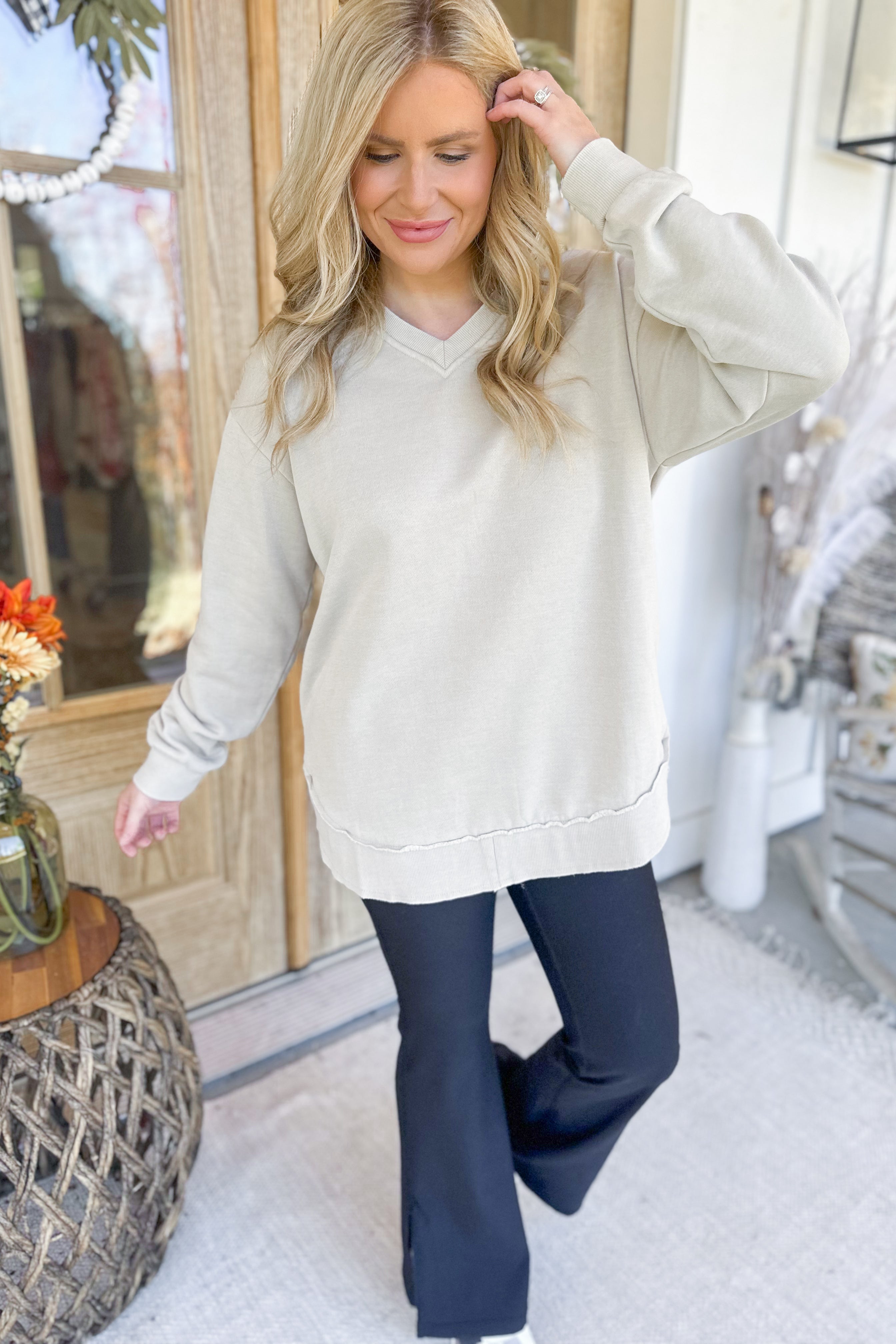 Harper V Neck Long Sleeve Vintage Wash Sweatshirt - Be You Boutique