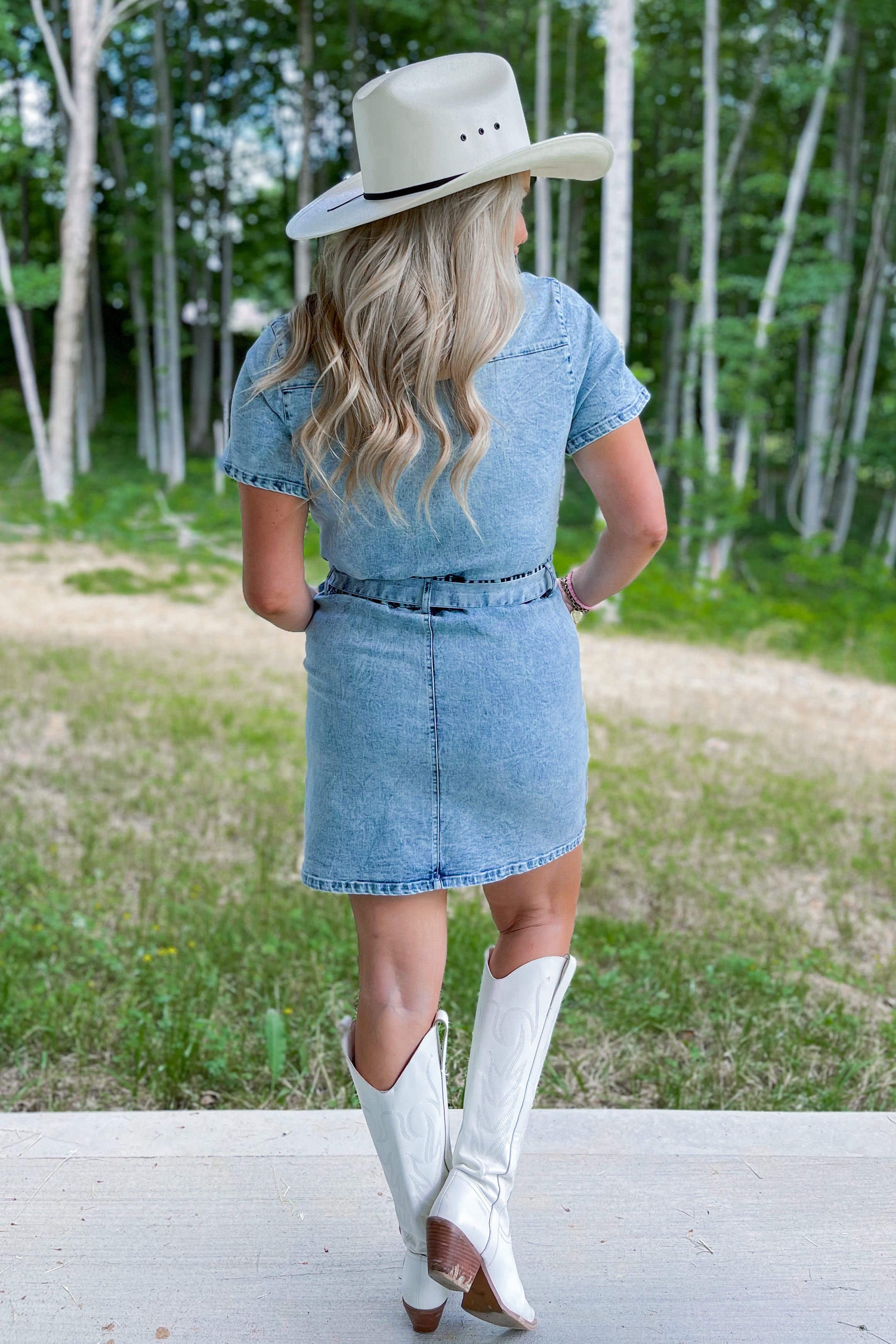 Lucille Denim V Neck Short Sleeve Collared Dress - Be You Boutique