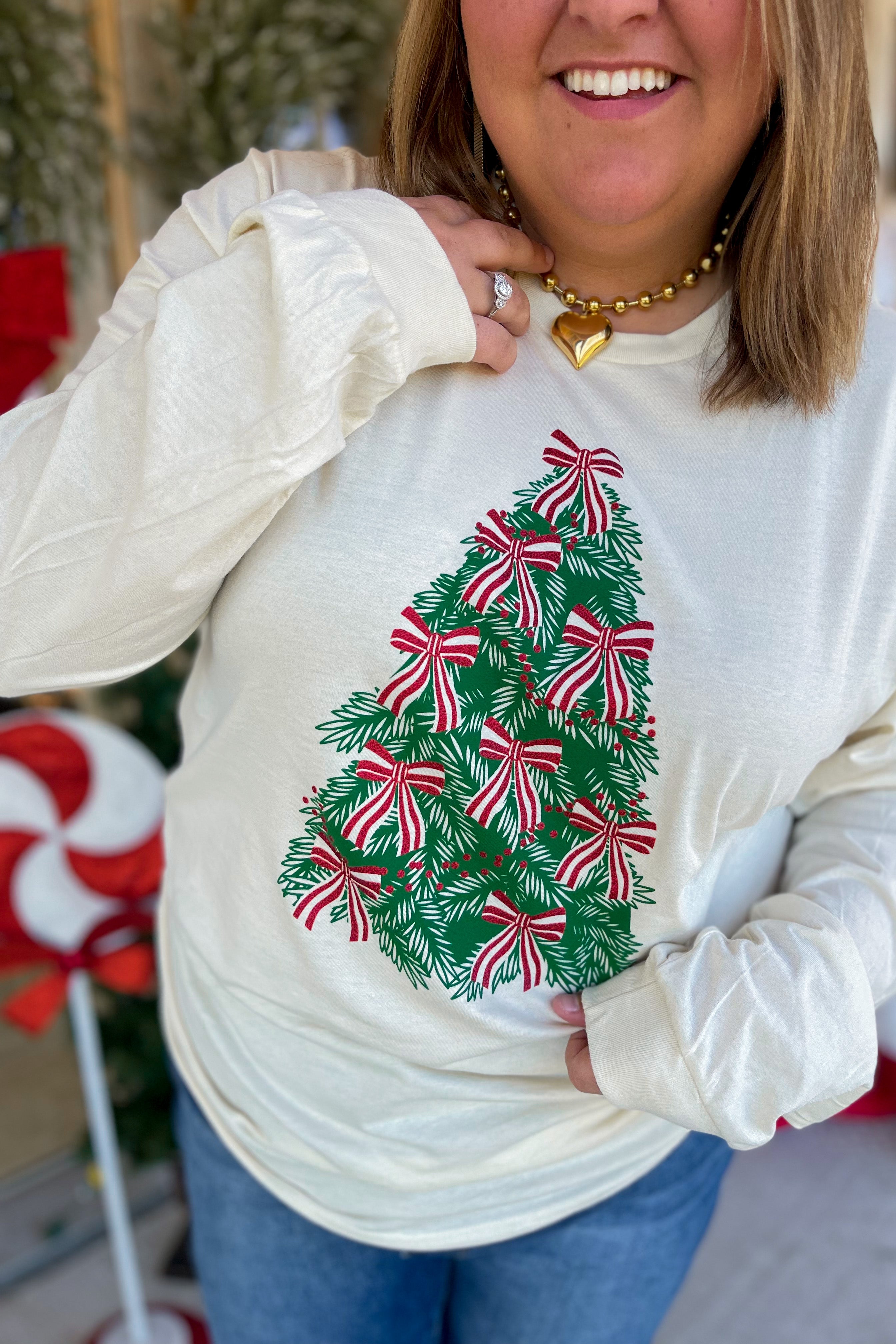 Christmas Tree Bow Long Sleeve Graphic Tee - Be You Boutique