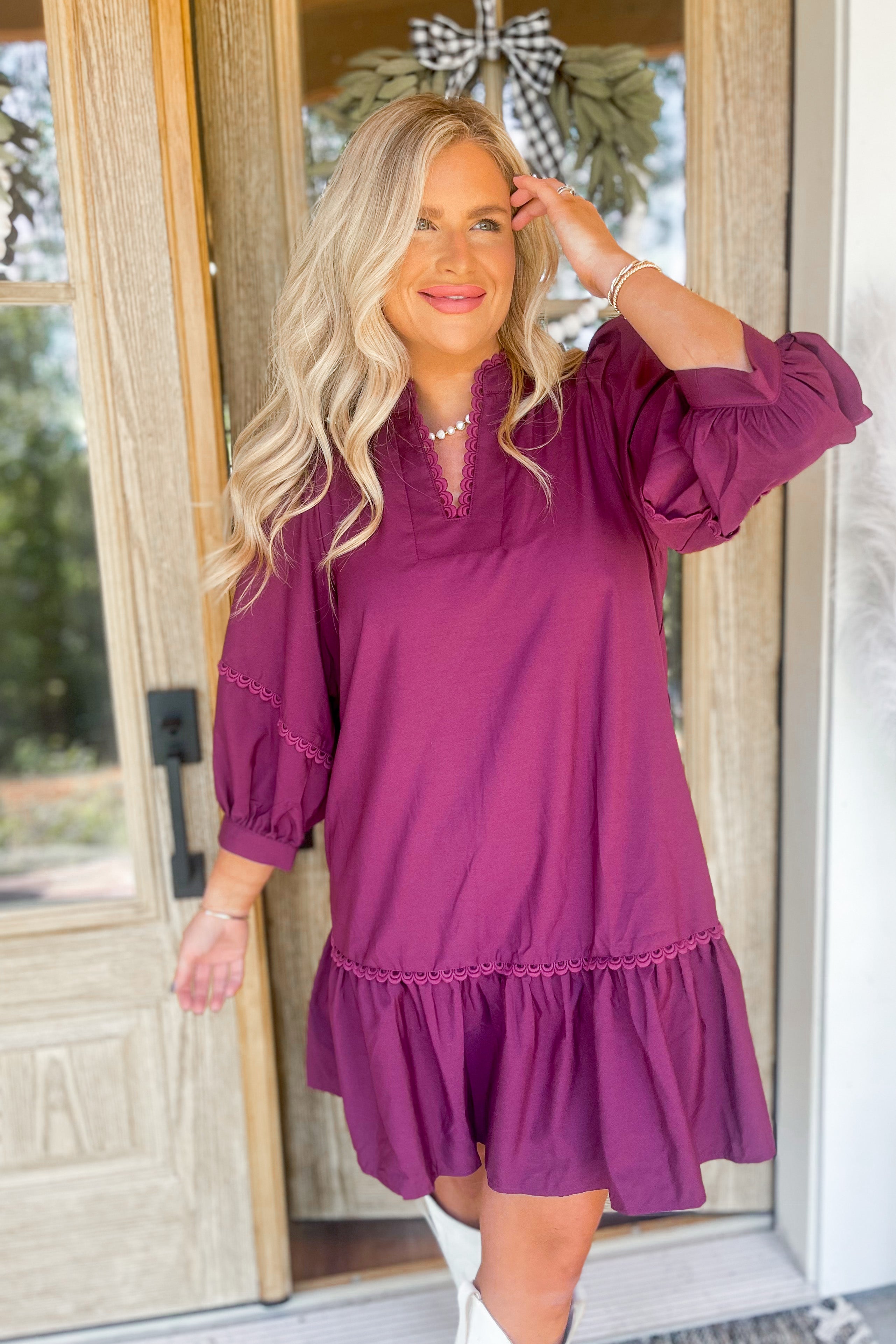 Missy V Neck 3/4 Sleeve Scallop Trim Dress - Be You Boutique