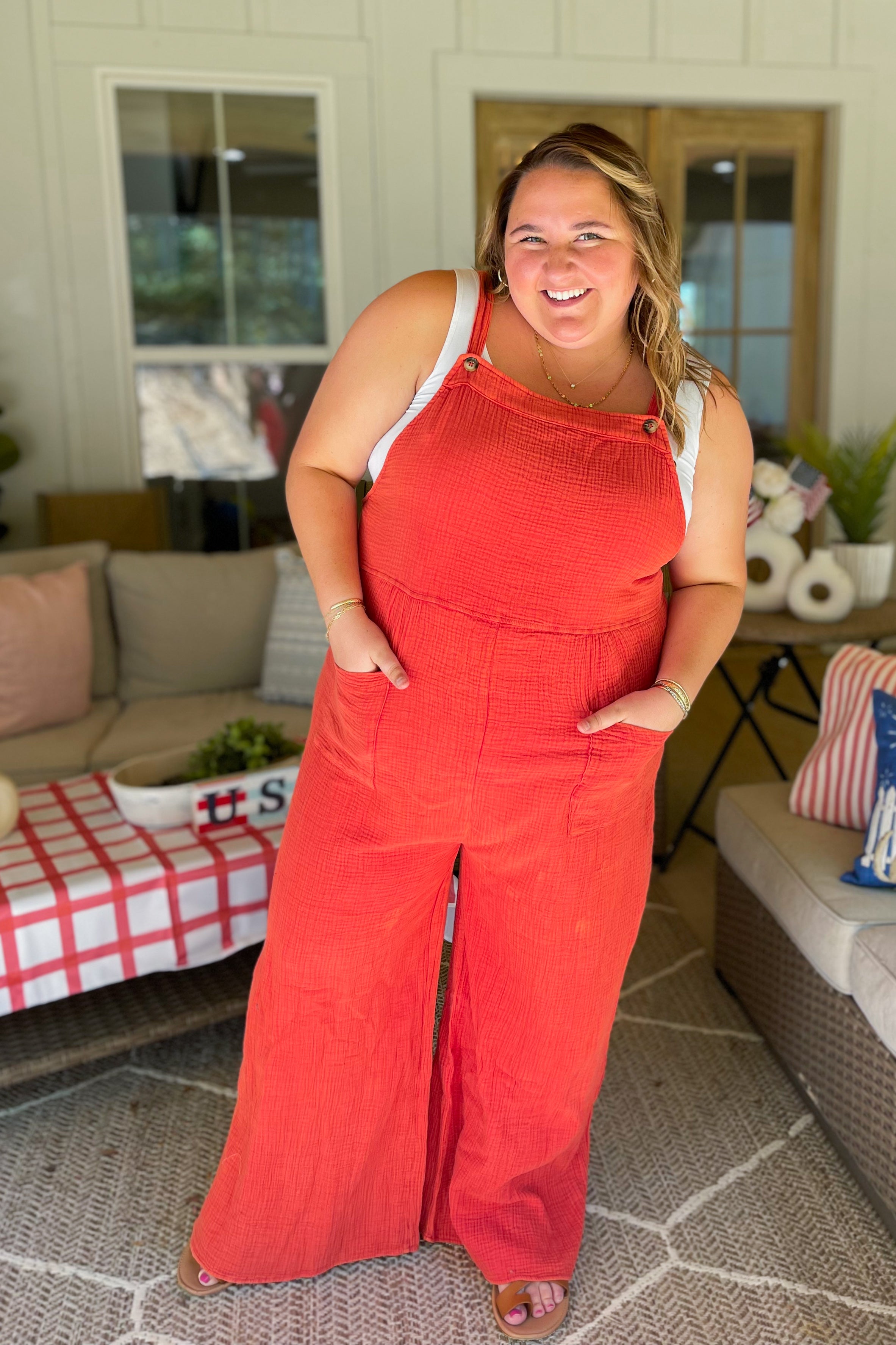 Cherry Effortless Mineral Washed Gauze Overall Bottoms - Be You Boutique