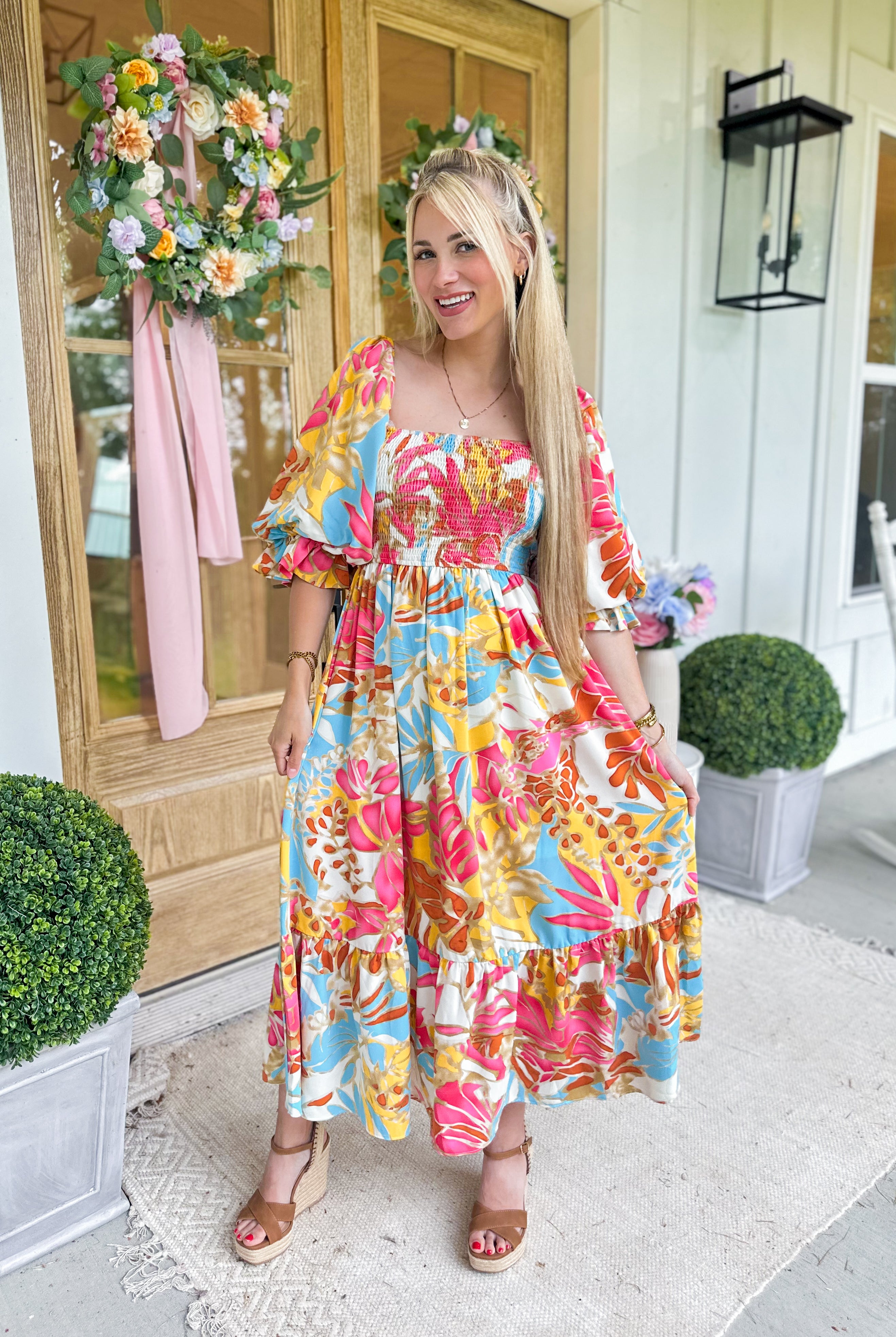 Adelaide Square Neck Half Puff Sleeve Tropical Midi Dress - Be You Boutique