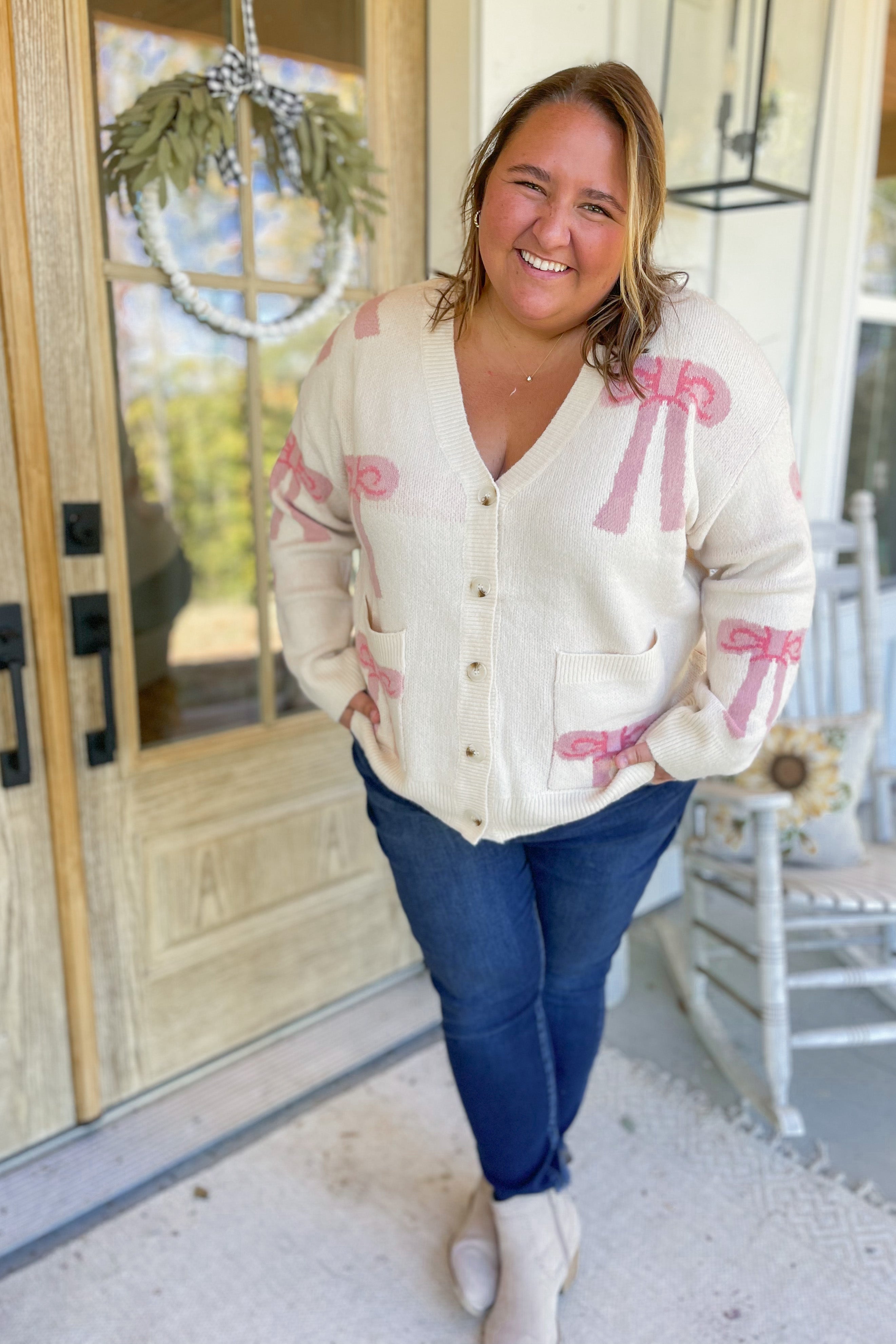 Chelsey Ribbon Bow Pattern Sweater Cardigan [S-3X] - Be You Boutique