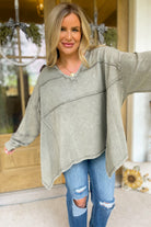 Ezra Terry Washed Knit V Neck Long Sleeve Top - Be You Boutique