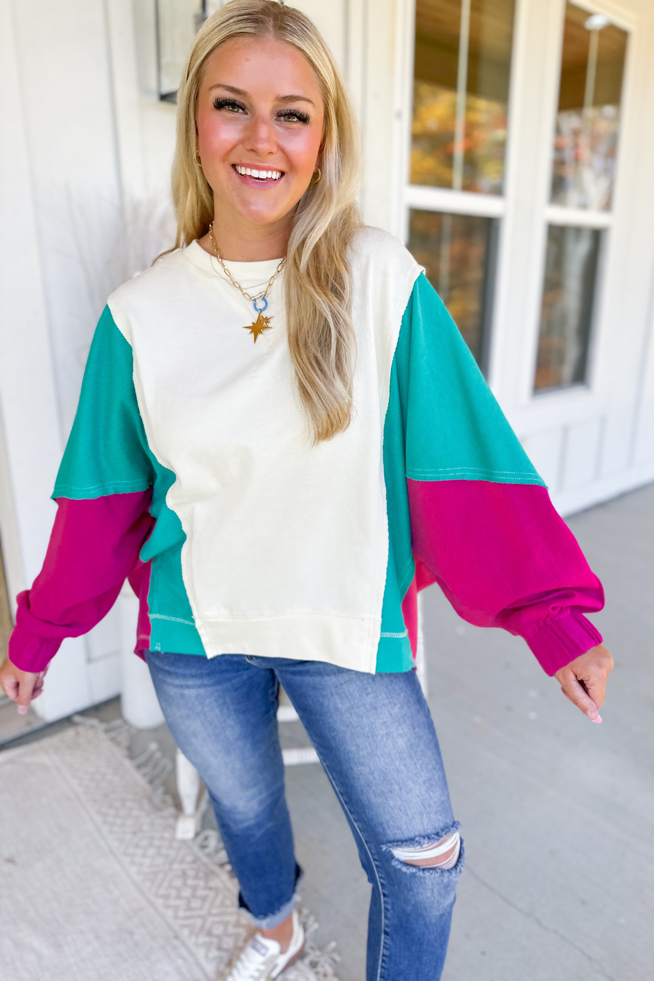 Emilia Oversized Long Sleeve Color Block Sweatshirt Top - Be You Boutique