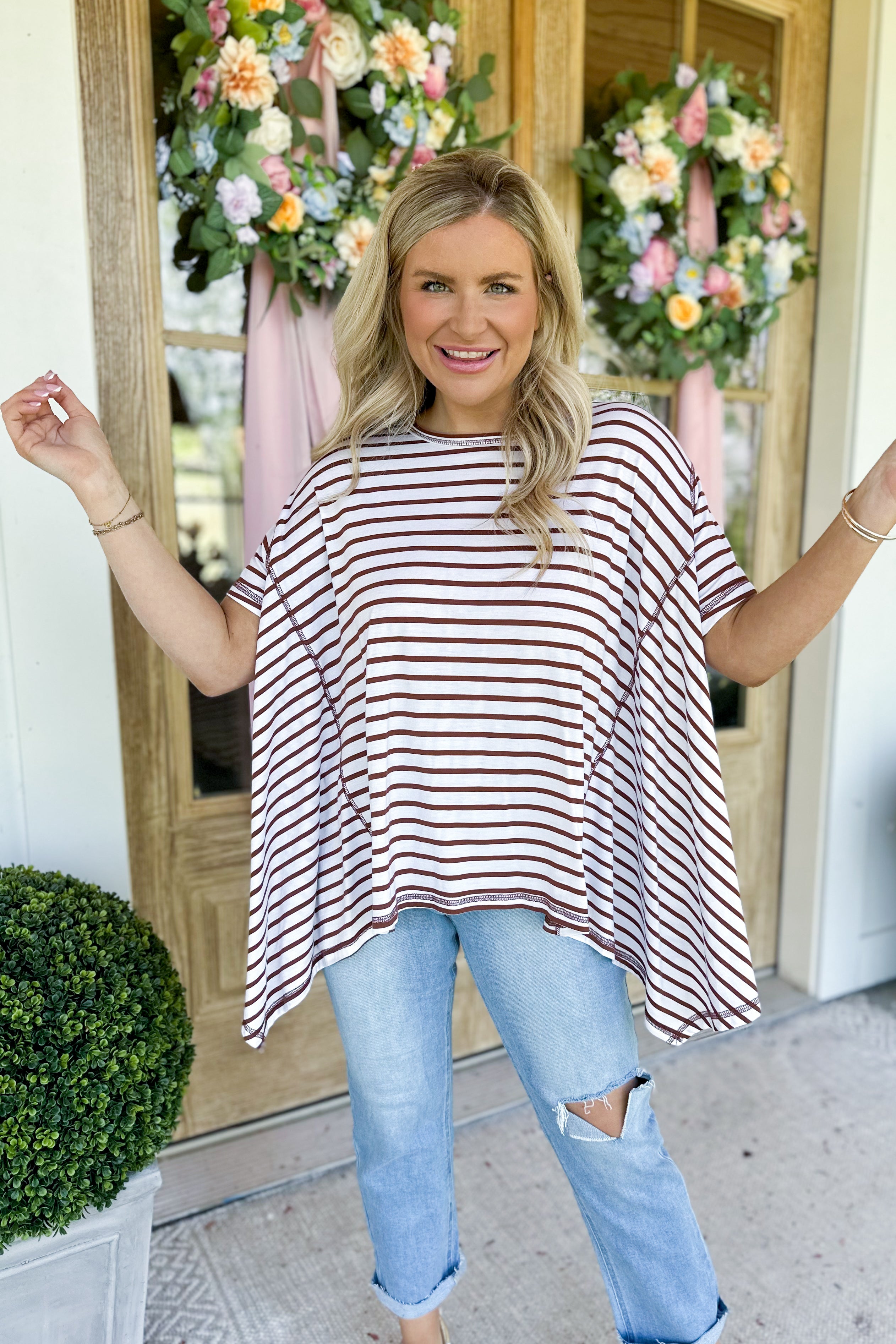 Nancy Stripe Print Round Neck Hi Lo Short Sleeve Top - Be You Boutique