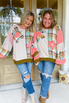 Ed Long Sleeve Mix Plaid Daisy Patch Oversized Knit Top - Be You Boutique