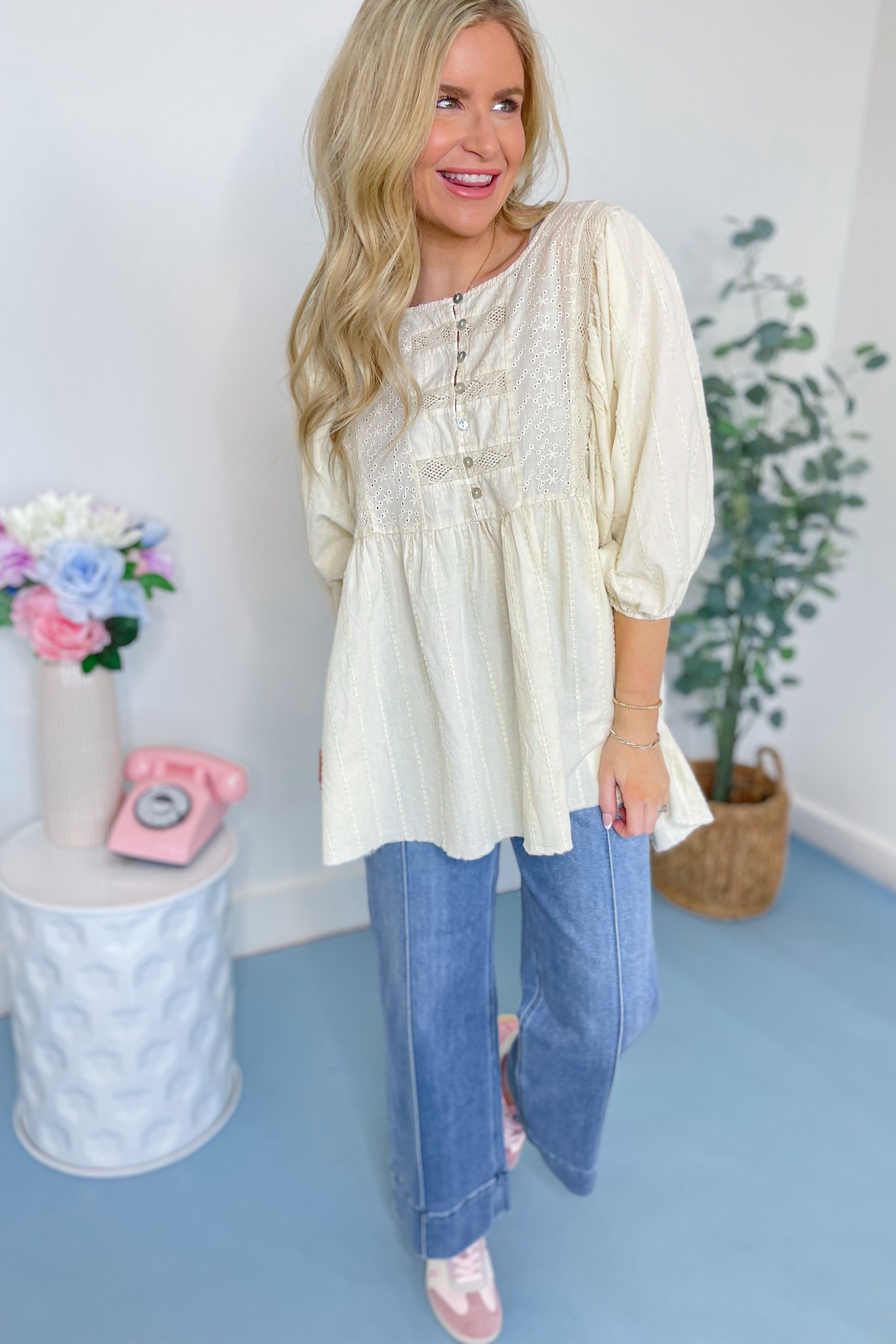 Morgan Mineral Washed Eyelet Lace Babydoll Tunic Top - Be You Boutique