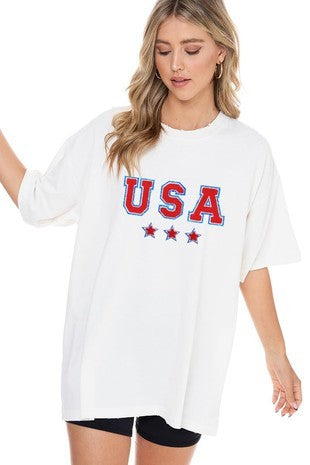 USA Stars Glitter Patch Short Sleeve Graphic Tee - Be You Boutique