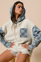 Terry Washed Checker Denim Hooded Pullover - Be You Boutique