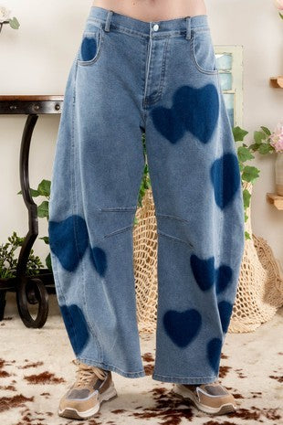 Lucy Heart Print Denim Barrel Pant - Be You Boutique