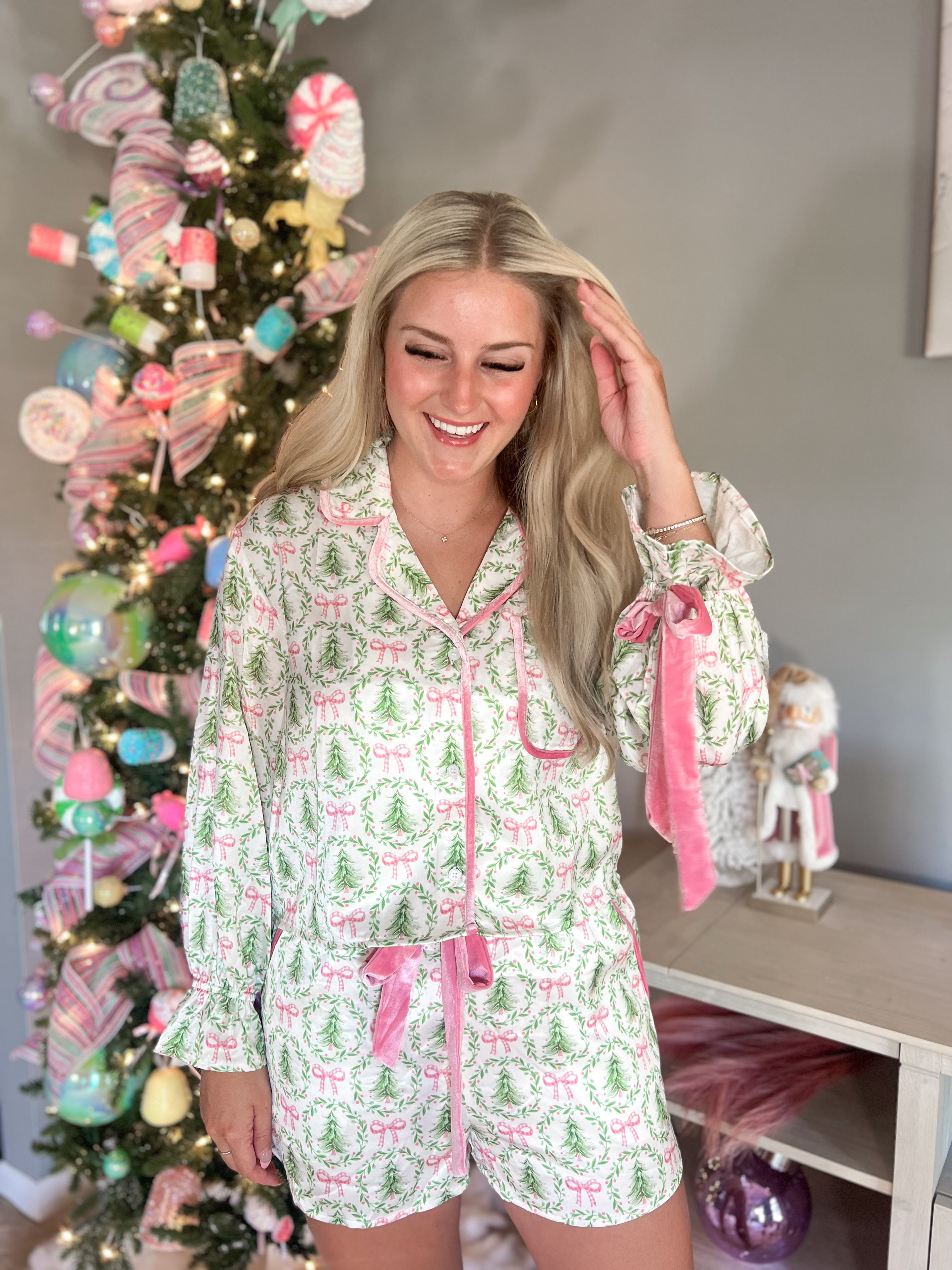 Satin Christmas Tree and Bow Pajama Set - Be You Boutique