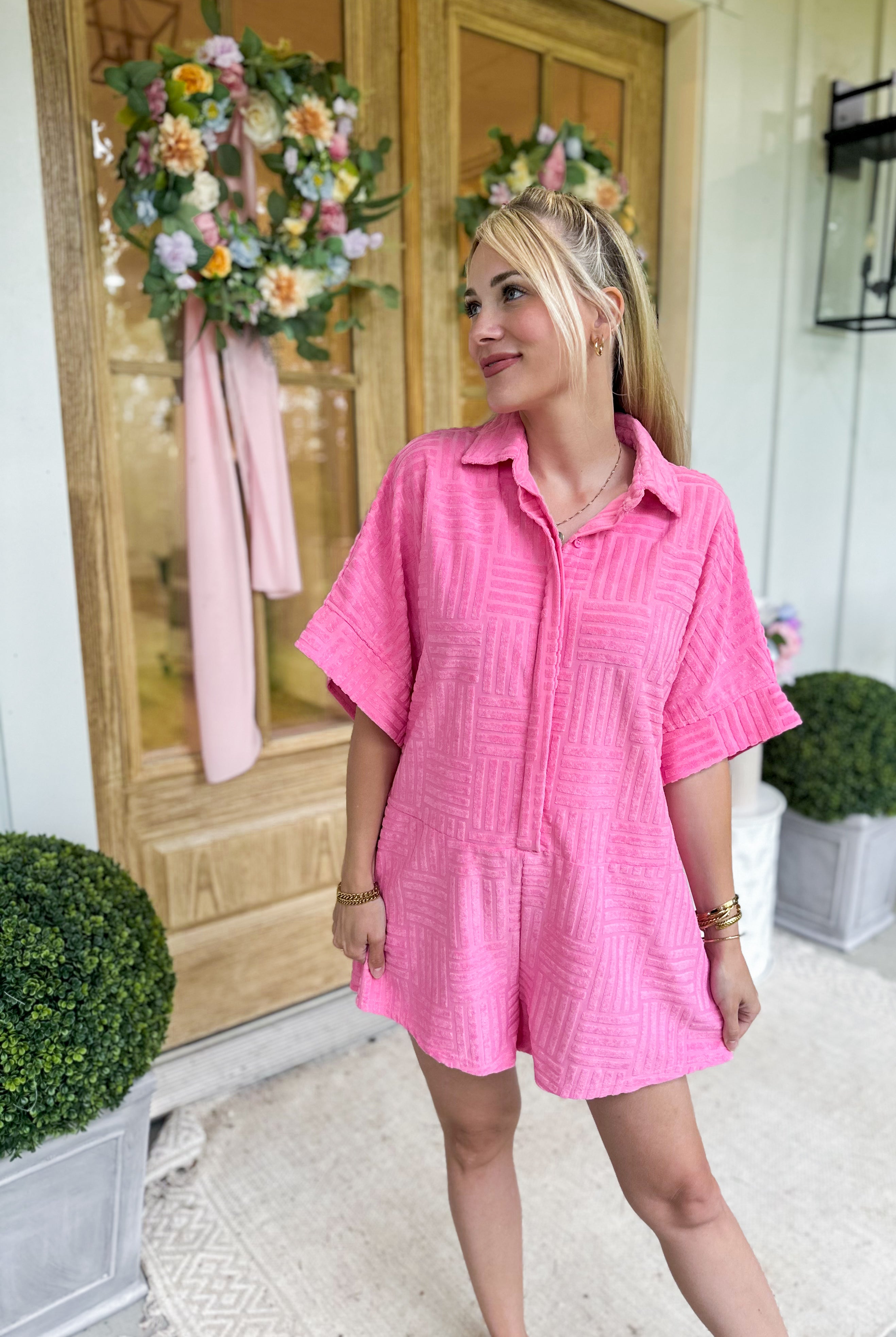 Minnie Short Sleeve Textured Button Up Romper *FINAL SALE* - Be You Boutique