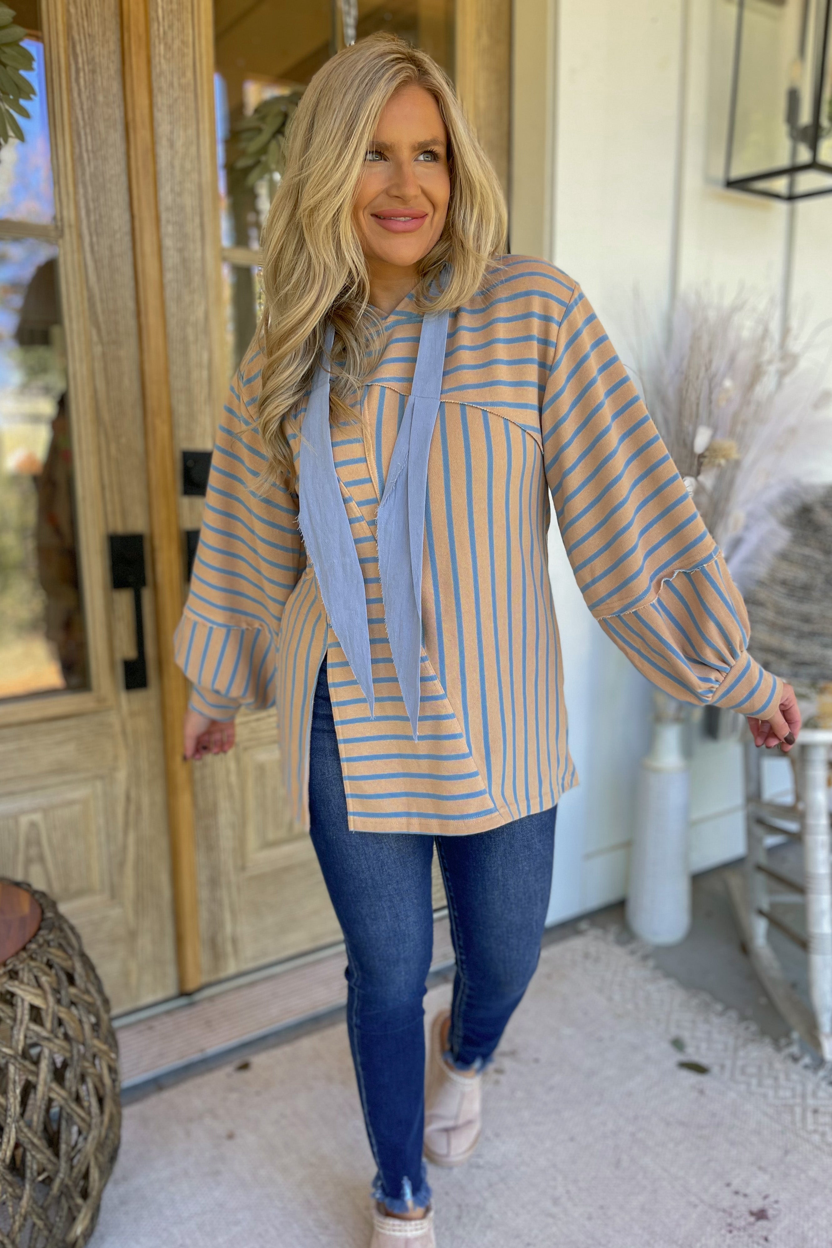 Mercer French Terry Stripe Bell Sleeve Hooded Pullover Top - Be You Boutique