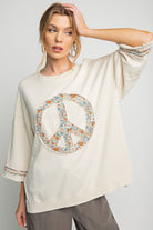 Jacob Washed Terry Floral Peace Sign 3/4 Sleeve Pullover Top - Be You Boutique