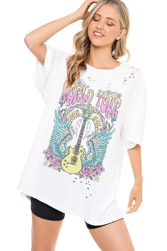 World Tour Rock & Roll Oversized Short Sleeve Graphic Tee - Be You Boutique