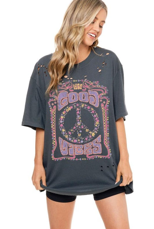 Good Vibes Floral Peace Oversized Short Sleeve Graphic Tee - Be You Boutique
