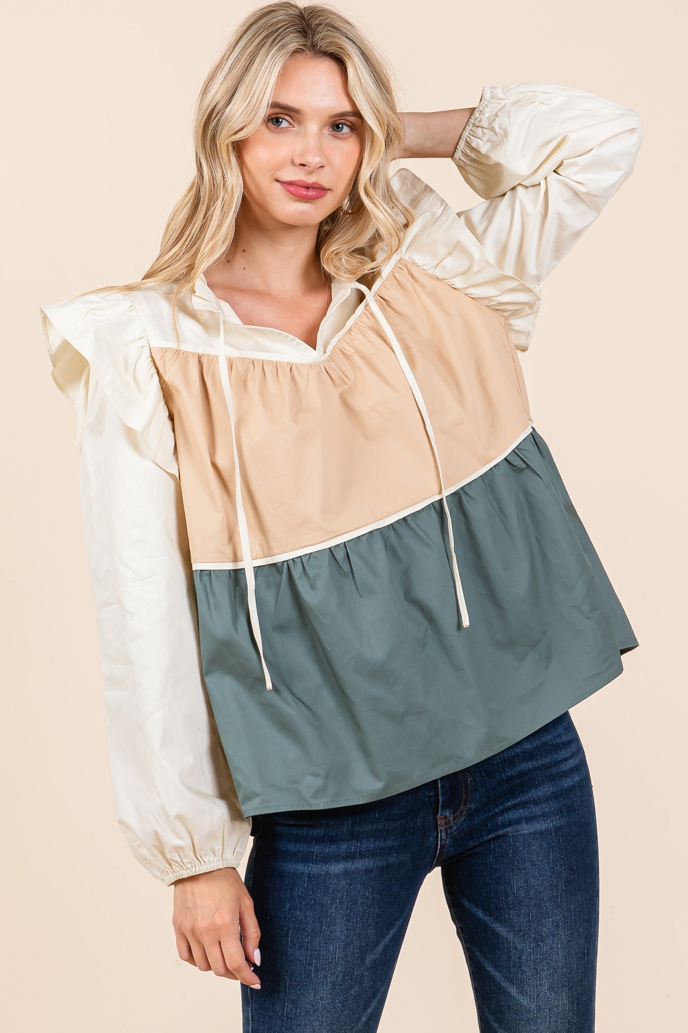 Gregory Tiered Poplin Color Block Long Sleeve Blouse - Be You Boutique