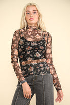 Gary Floral High Neck Sheer Mesh Lace Knit Top - Be You Boutique