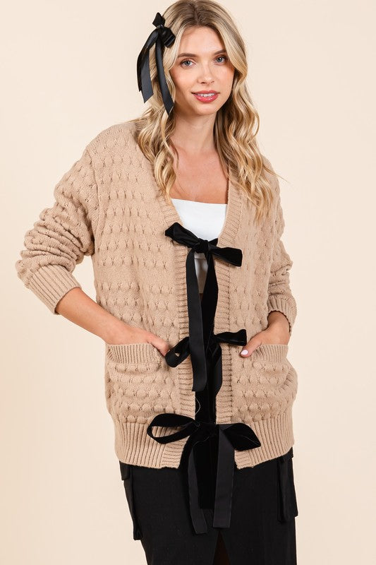 Bennett Bubble Knit Ribbon Bow Tie Closure Cardigan - Be You Boutique