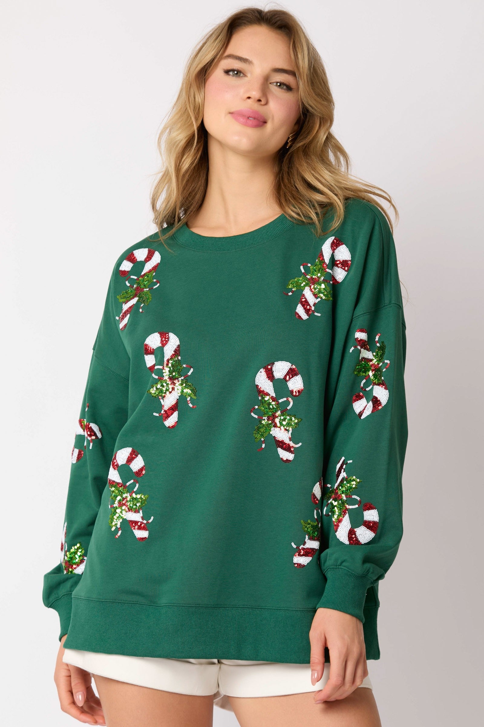 Candy Cane Sequine Long Sleeve Pullover Sweatshirt - Be You Boutique