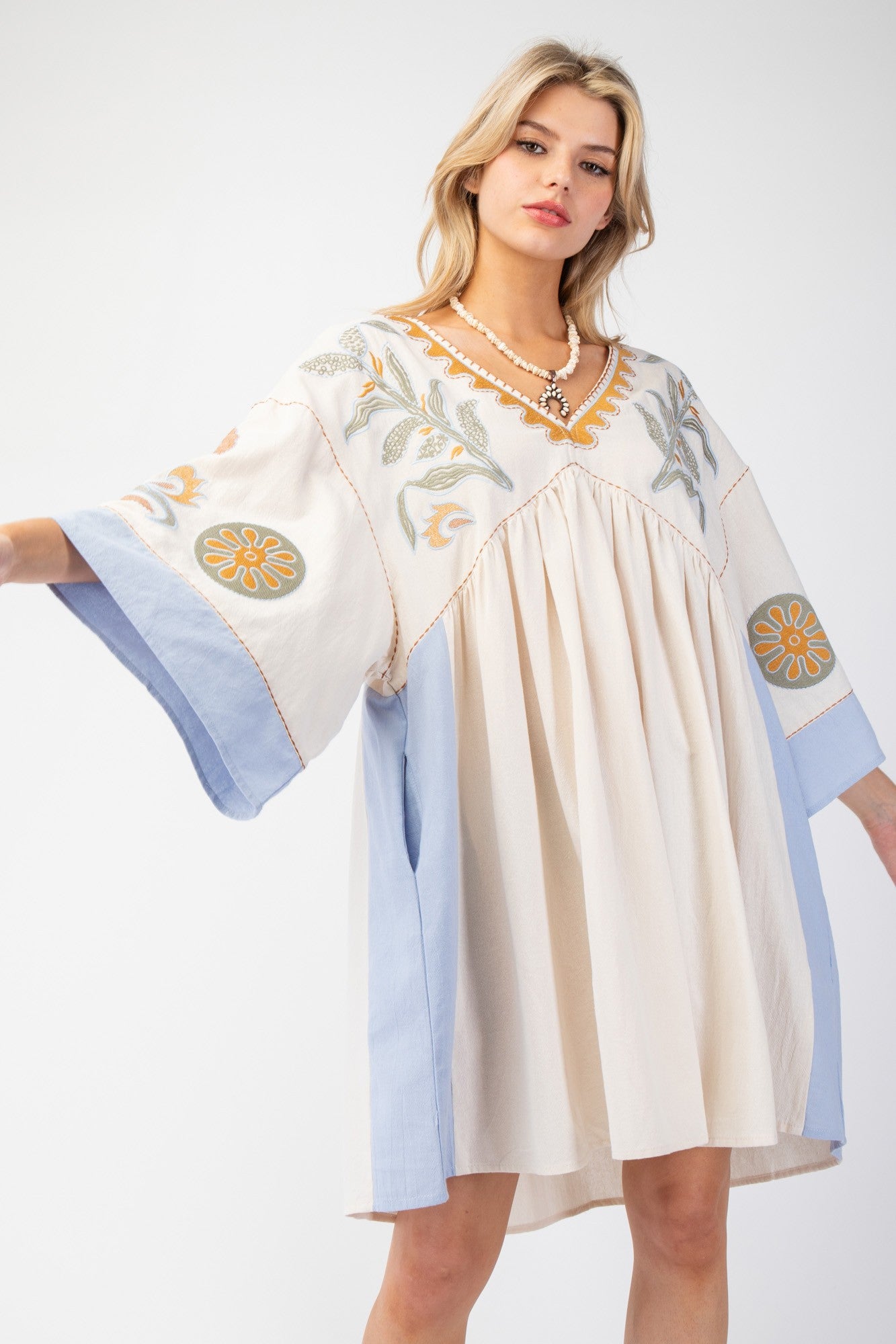 SPRING2025 Tucker Embroidered 3/4 Sleeve Dress - Be You Boutique