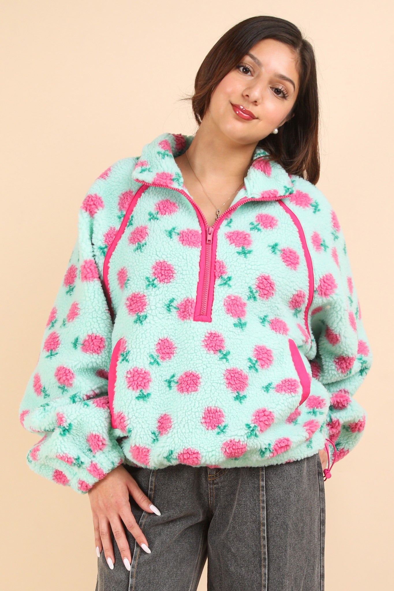 Michelle Floral Print Half Zip Fleece - Be You Boutique