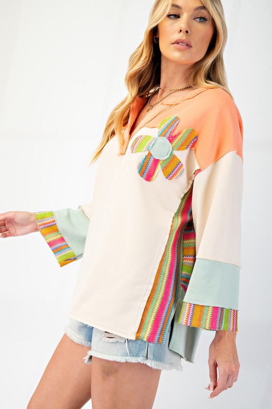 SPRING2025 Felicia Daisy Patch Color Block 3/4 Sleeve Top - Be You Boutique