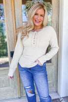 Shelby Button Down Washed Long Sleeve Waffle Knit Top - Be You Boutique