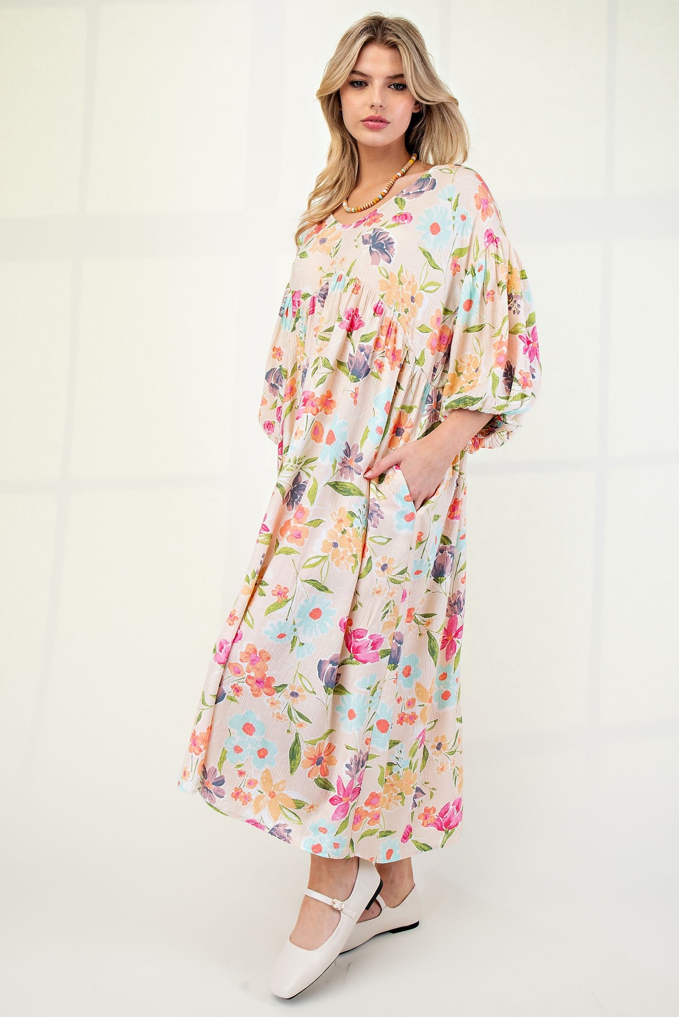 Serena Blossom Print Bubble Sleeve Maxi Dress - Be You Boutique