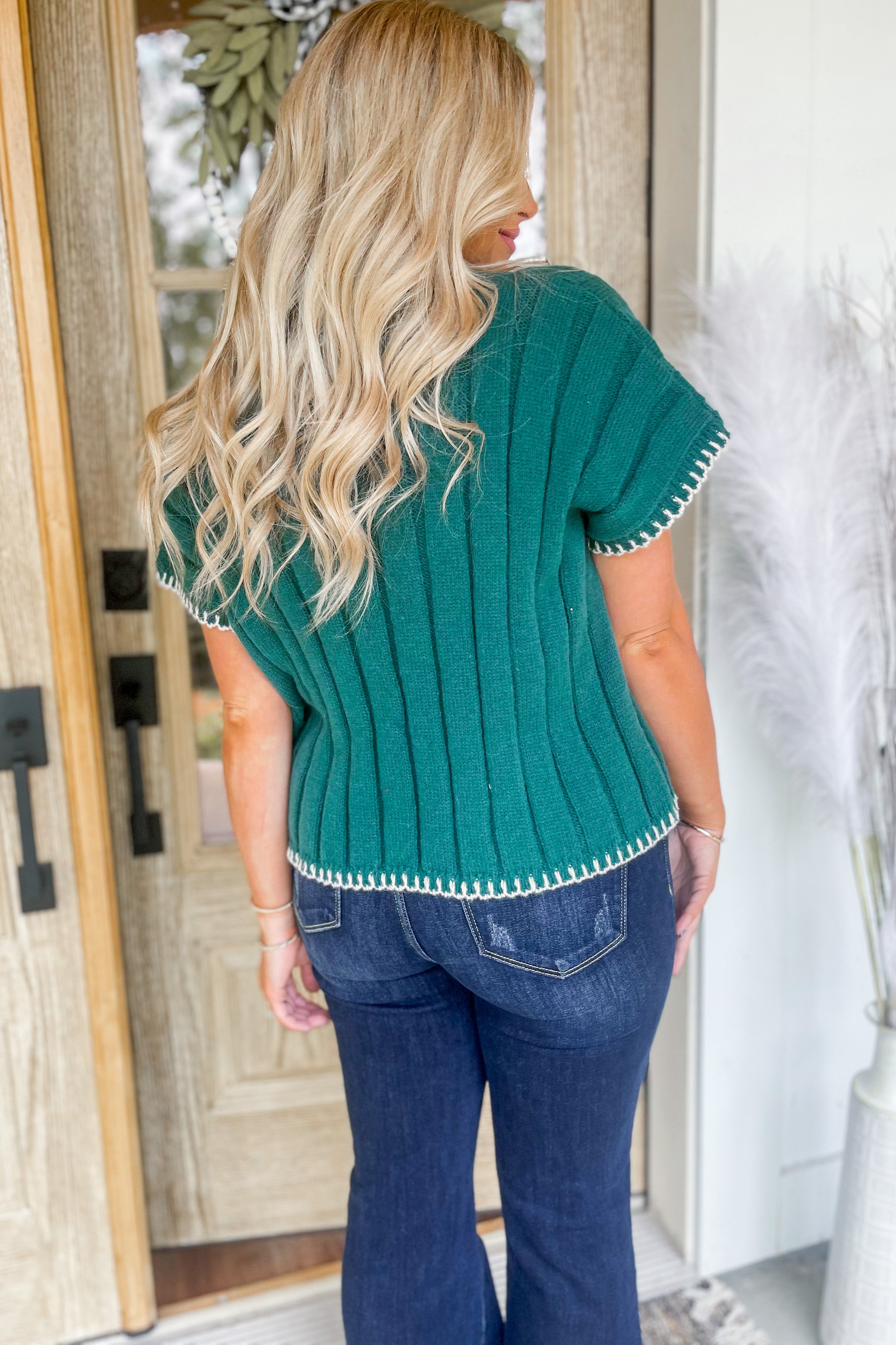 Gregory V Neck Short Sleeve Knit Contrast Stitch Sweater Top - Be You Boutique