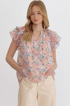 Albi Floral Print V Neck Ruffle Sleeve Top - Be You Boutique