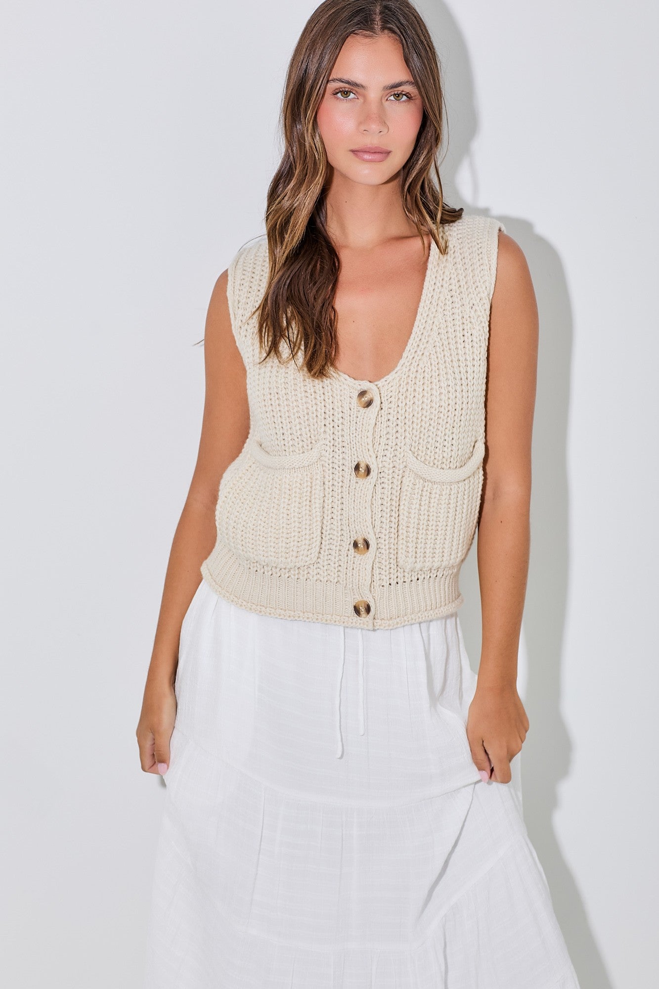 Fin Knit Button Up Front Pocket Vest - Be You Boutique