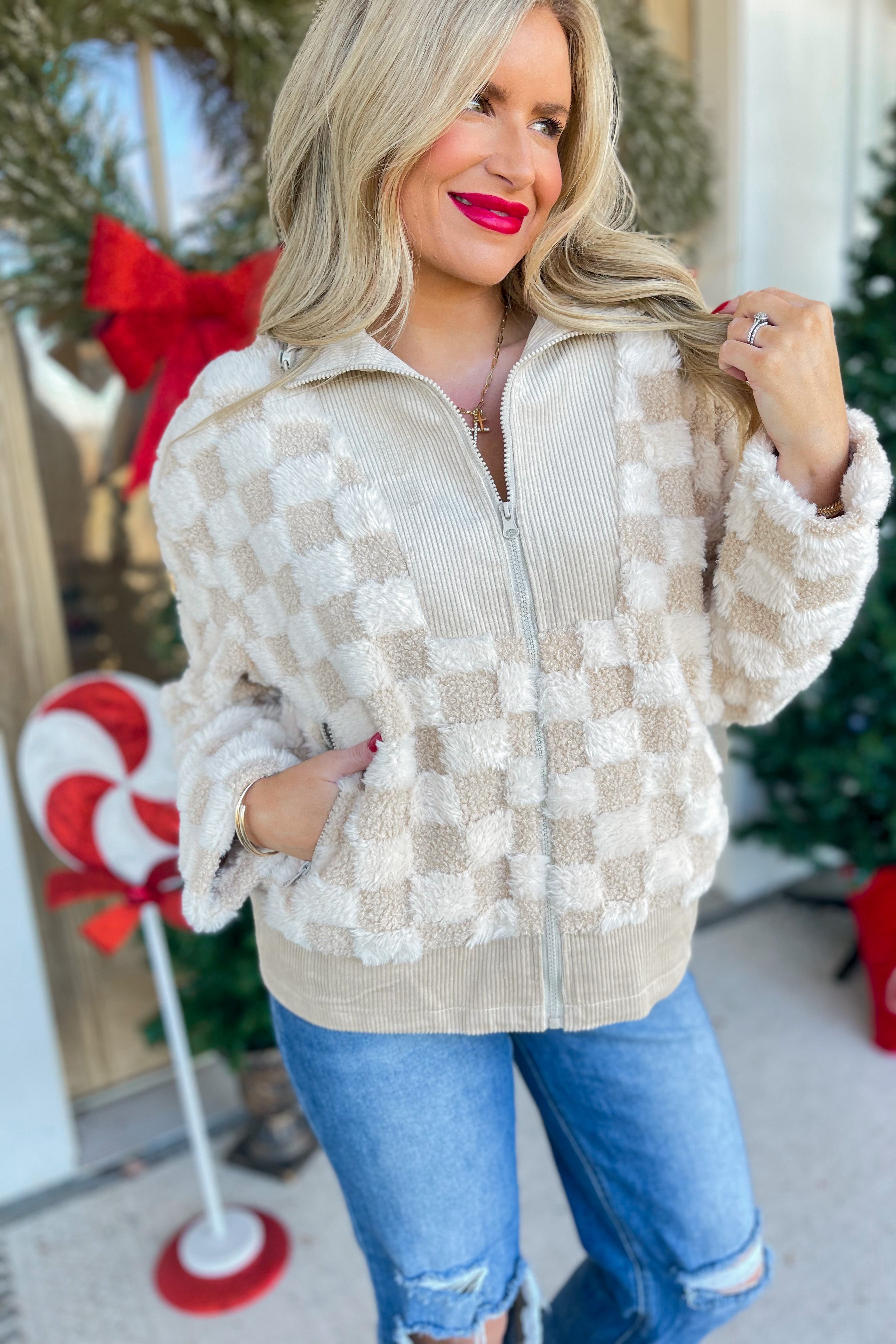 Mallory Corduroy Contrast Checker Sherpa Zip Up Jacket - Be You Boutique