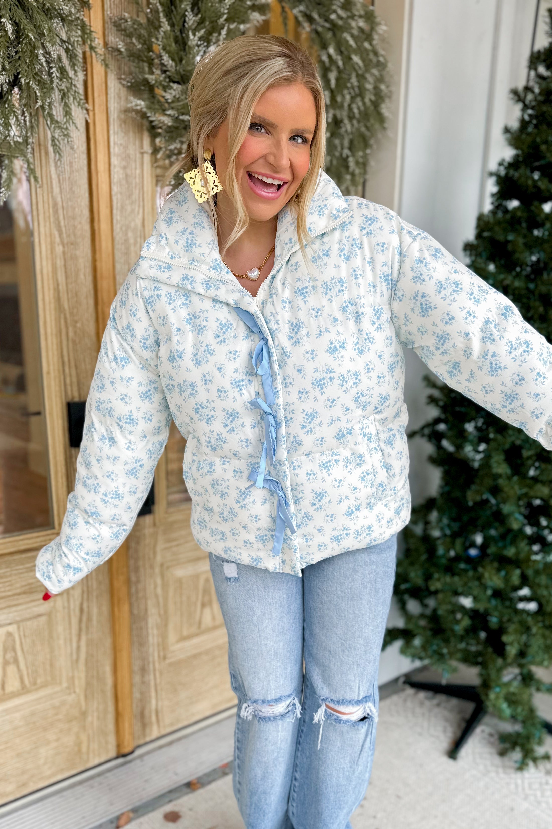 Patsy Floral Print Puffer Jacket with Contrasting Ribbon Bow - Be You Boutique