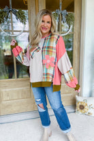 Ed Long Sleeve Mix Plaid Daisy Patch Oversized Knit Top - Be You Boutique