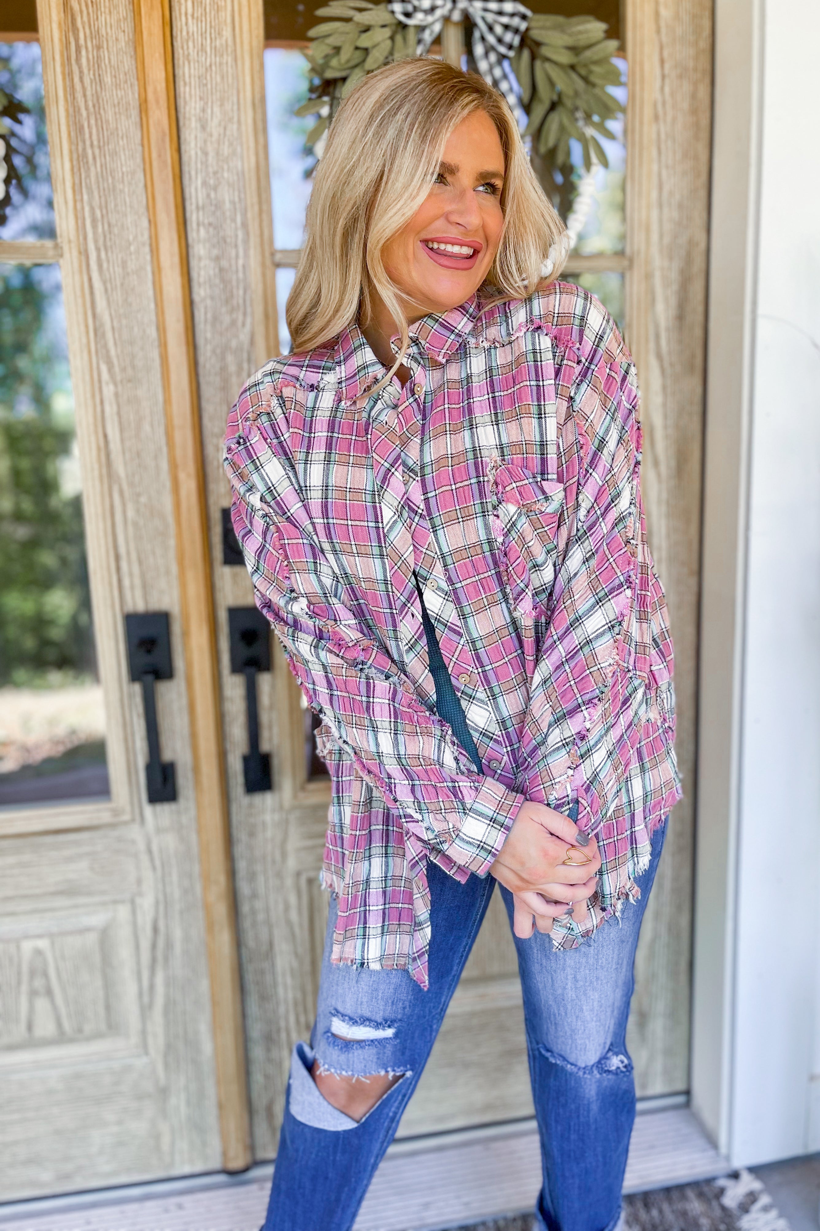 Marissa Crinkled Plaid Button Down Long Sleeve Shirt Top - Be You Boutique