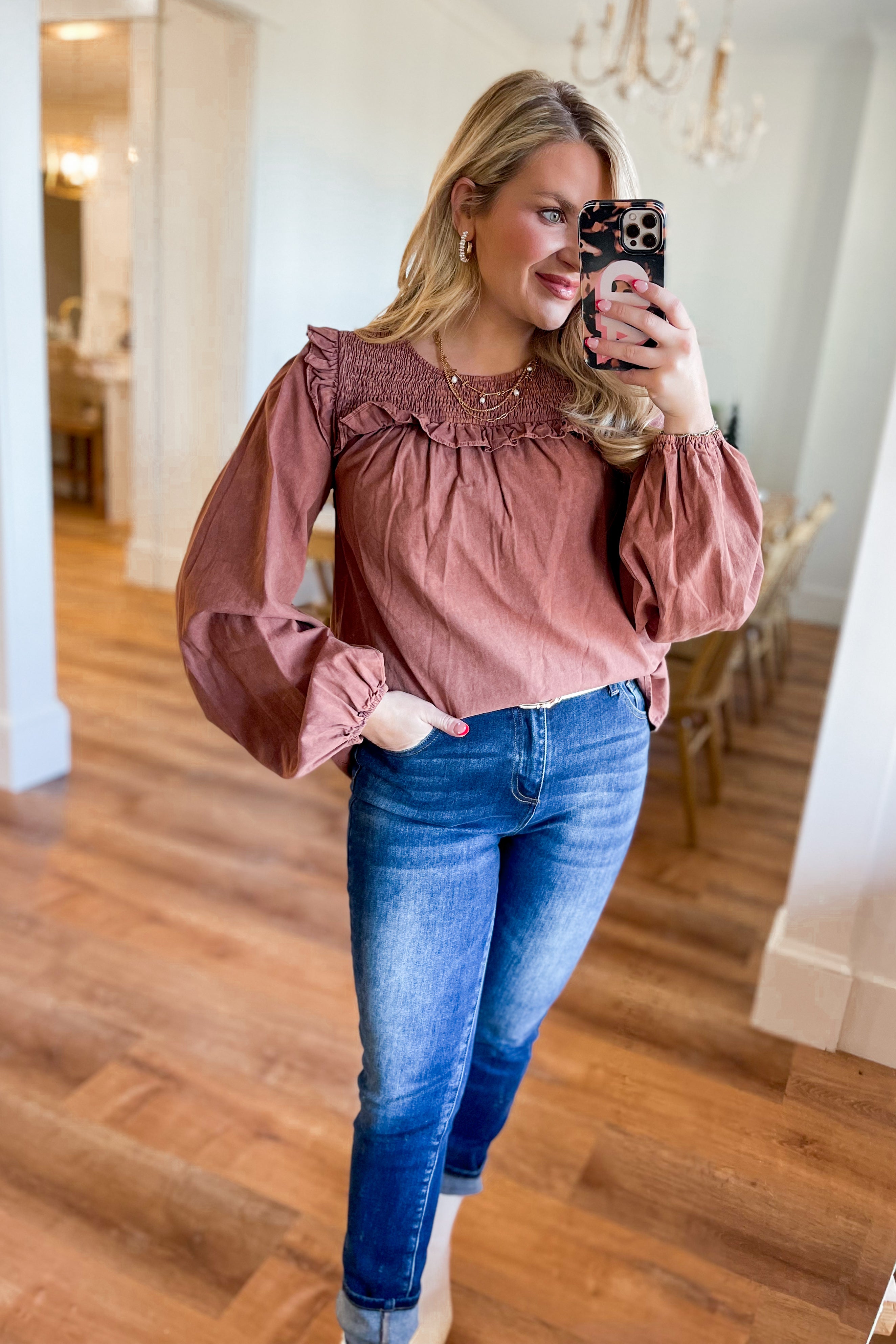 Sam Mineral Washed Round Neck Smocked Neck Blouse - Be You Boutique