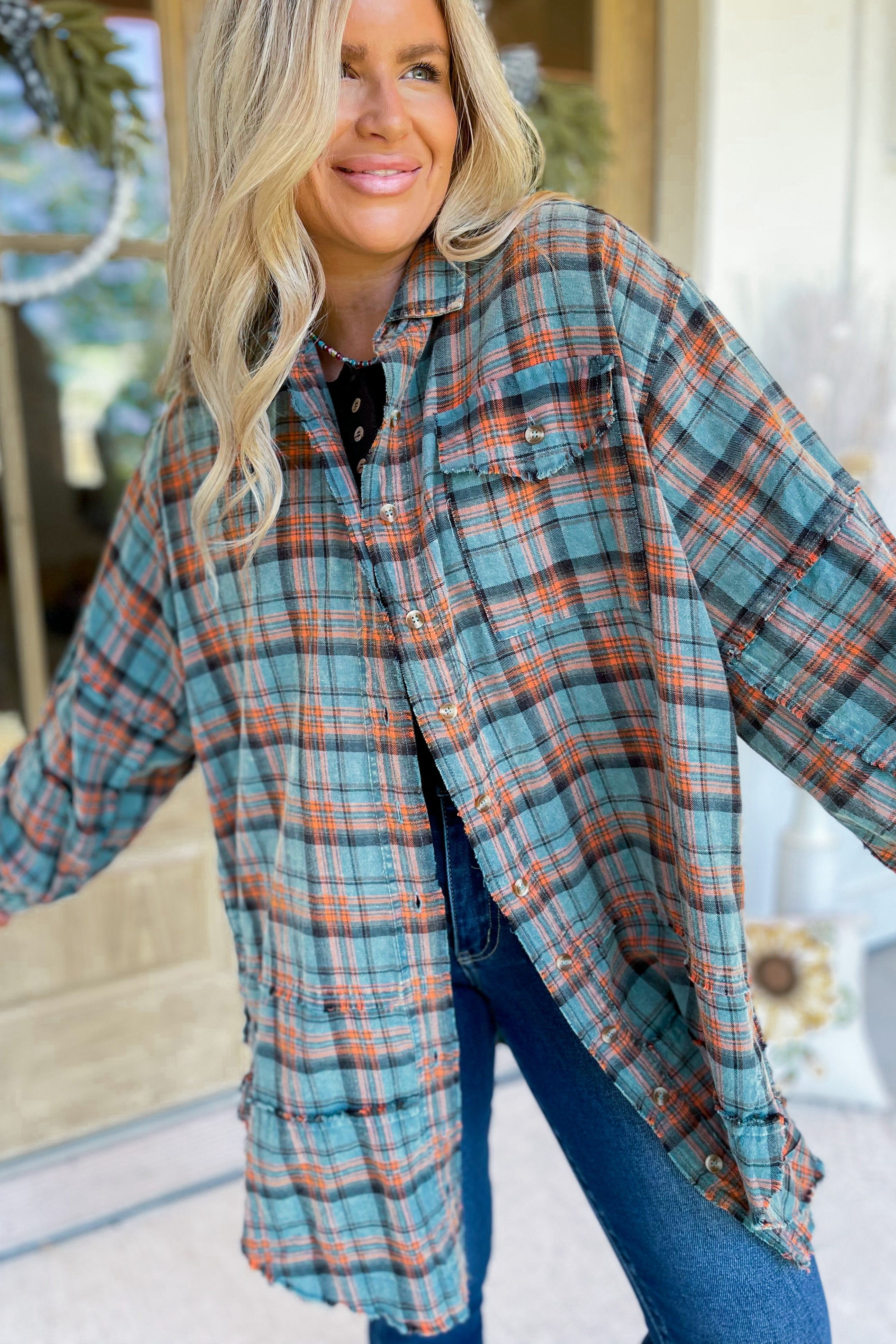 Clarence Mineral Washed Plaid Long Sleeve Shirt - Be You Boutique