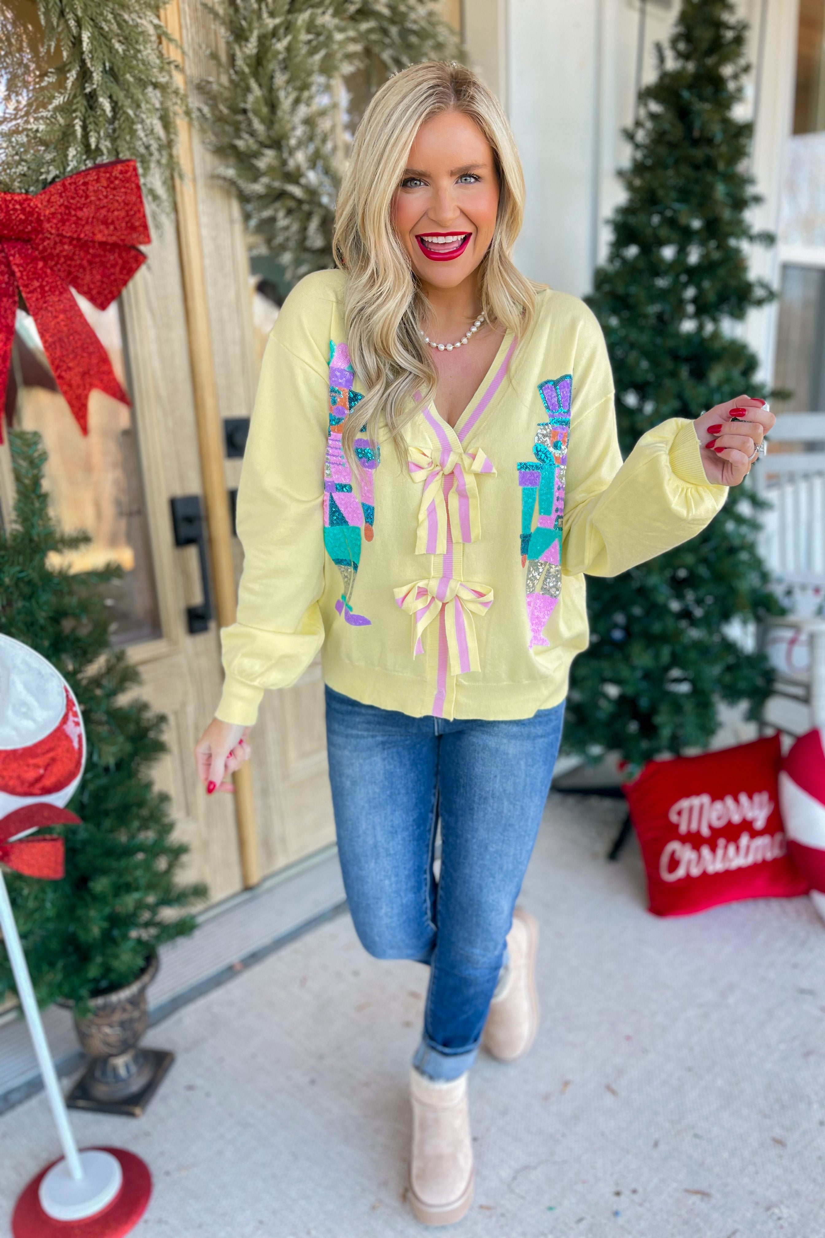 Sequin Nutcracker Bow Detail Cardigan Sweater - Be You Boutique