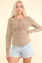 Shelby Button Down Washed Long Sleeve Waffle Knit Top - Be You Boutique