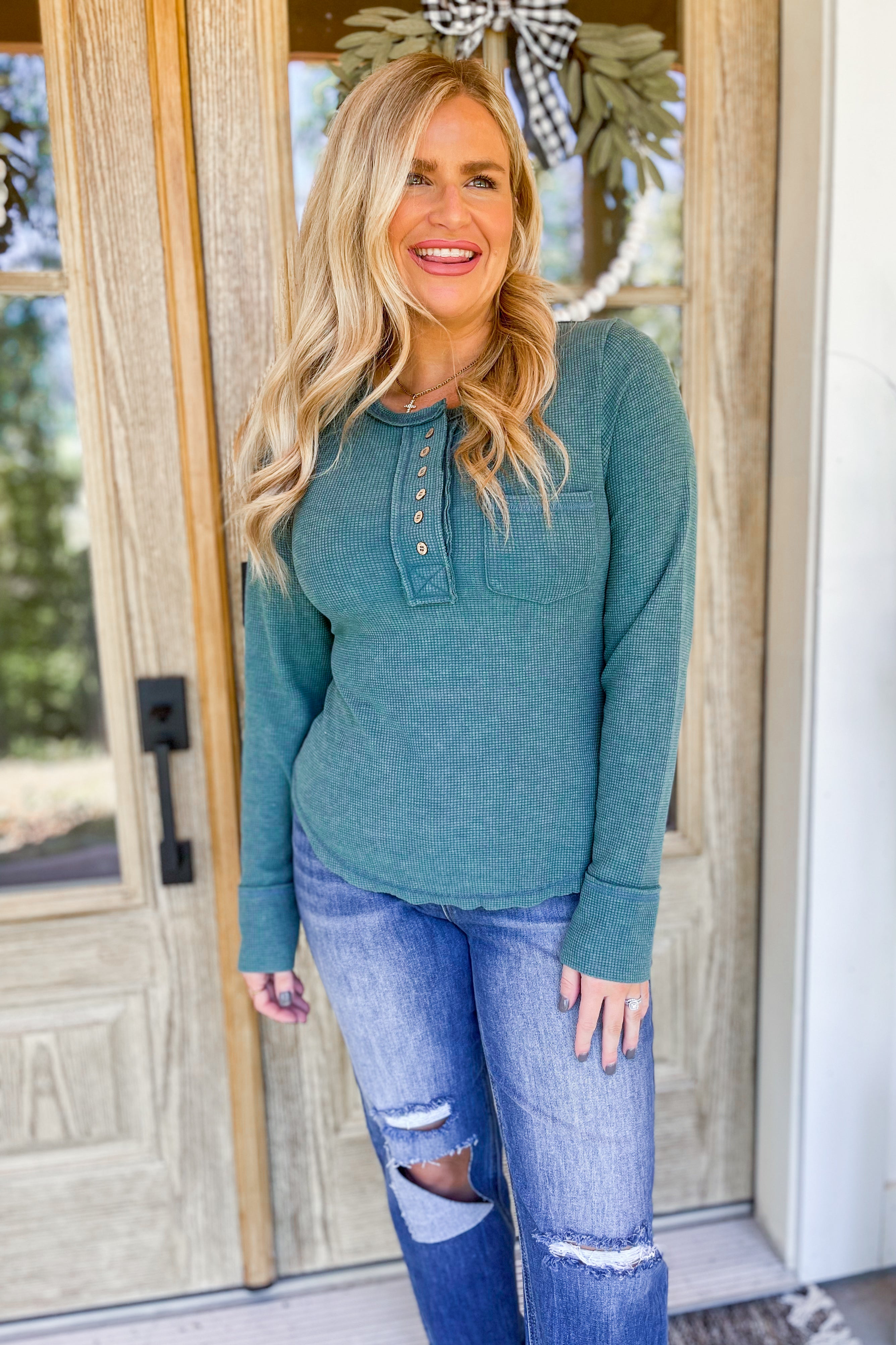 Shelby Button Down Washed Long Sleeve Waffle Knit Top - Be You Boutique