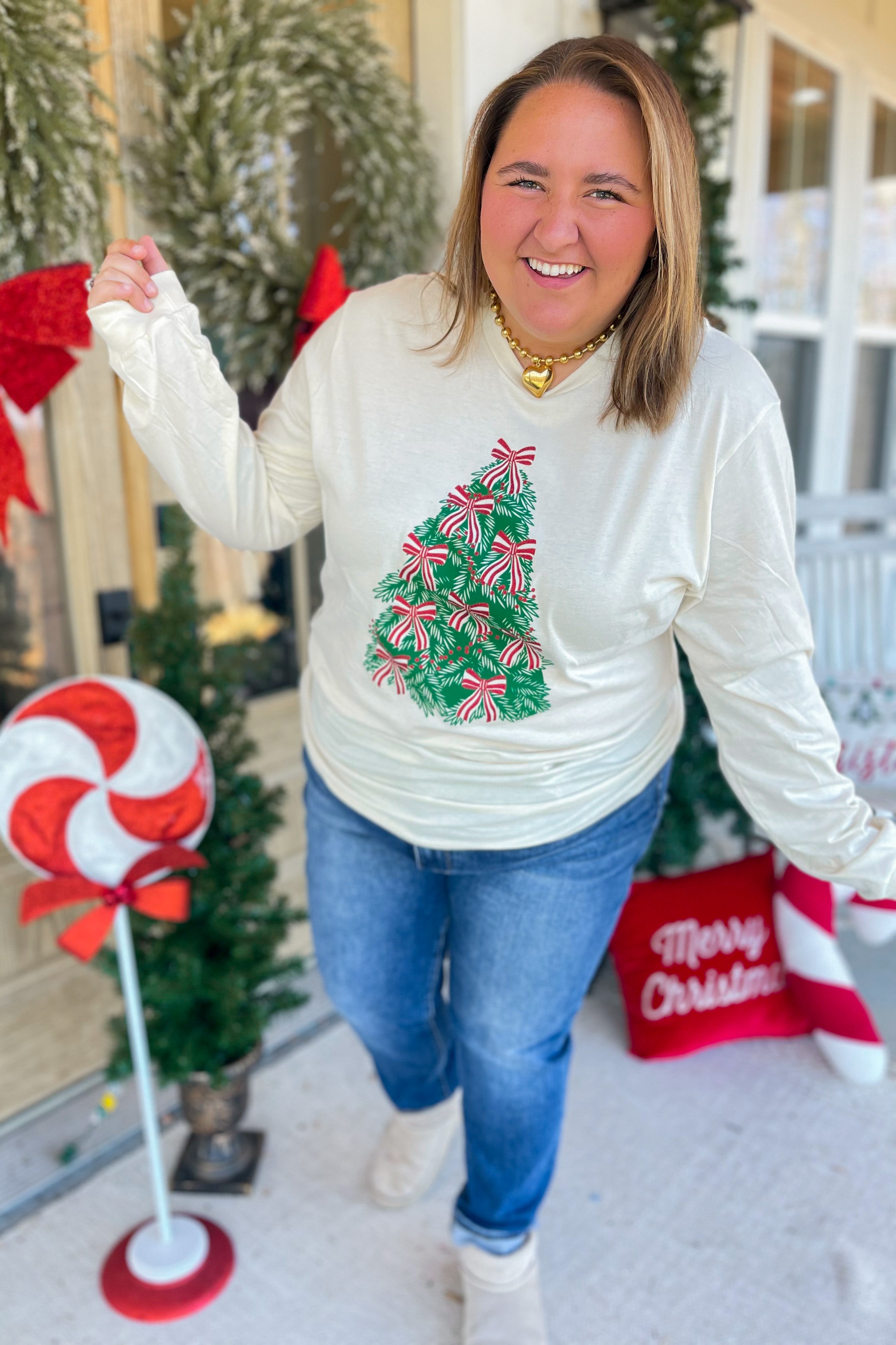 Christmas Tree Bow Long Sleeve Graphic Tee - Be You Boutique