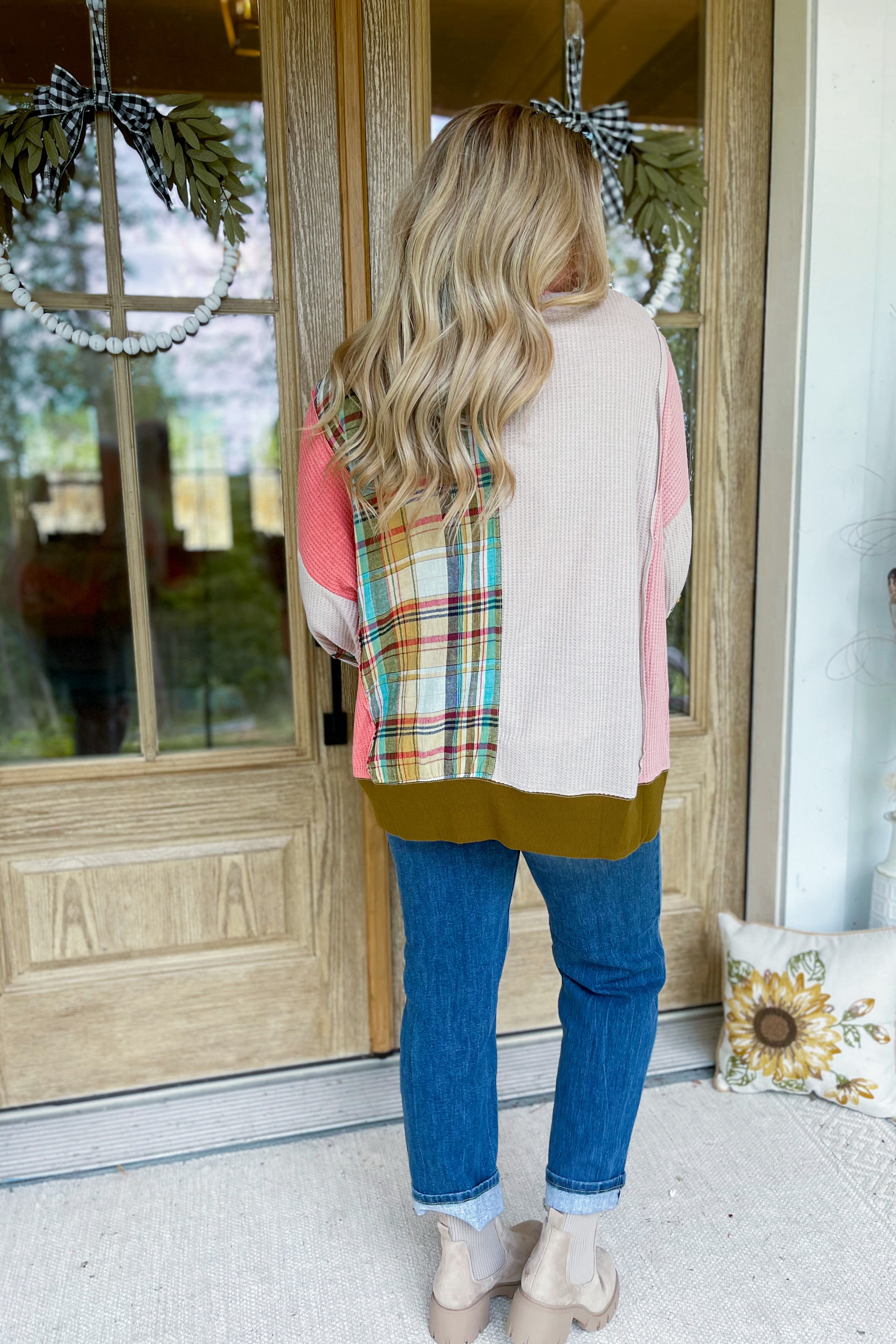 Ed Long Sleeve Mix Plaid Daisy Patch Oversized Knit Top - Be You Boutique