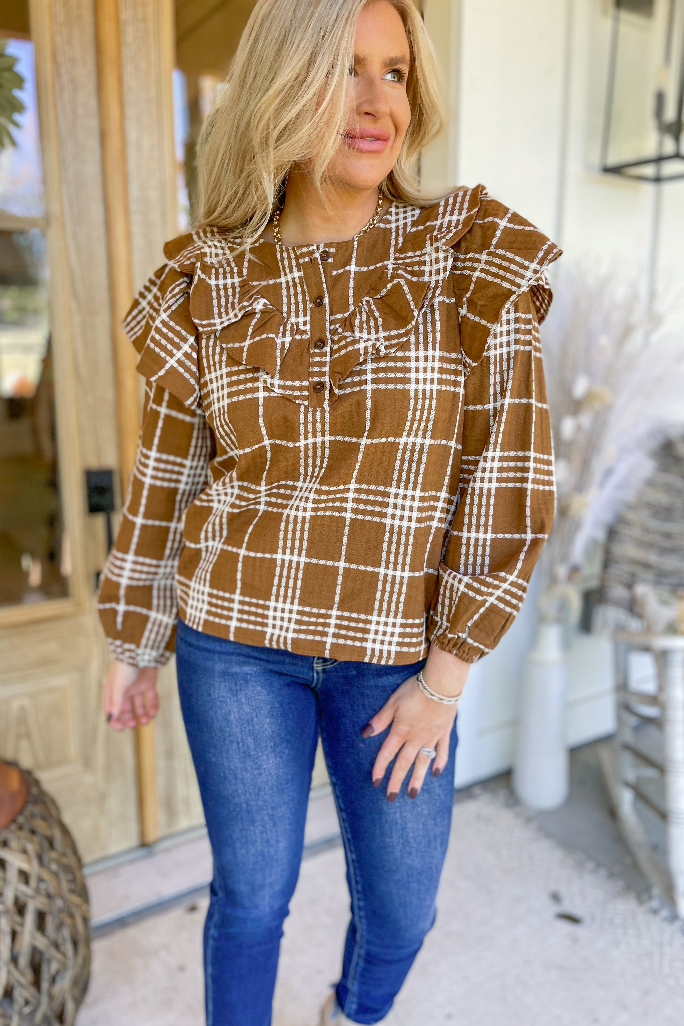 Geri Plaid Half Button Up Long Sleeve Ruffled Blouse Top - Be You Boutique