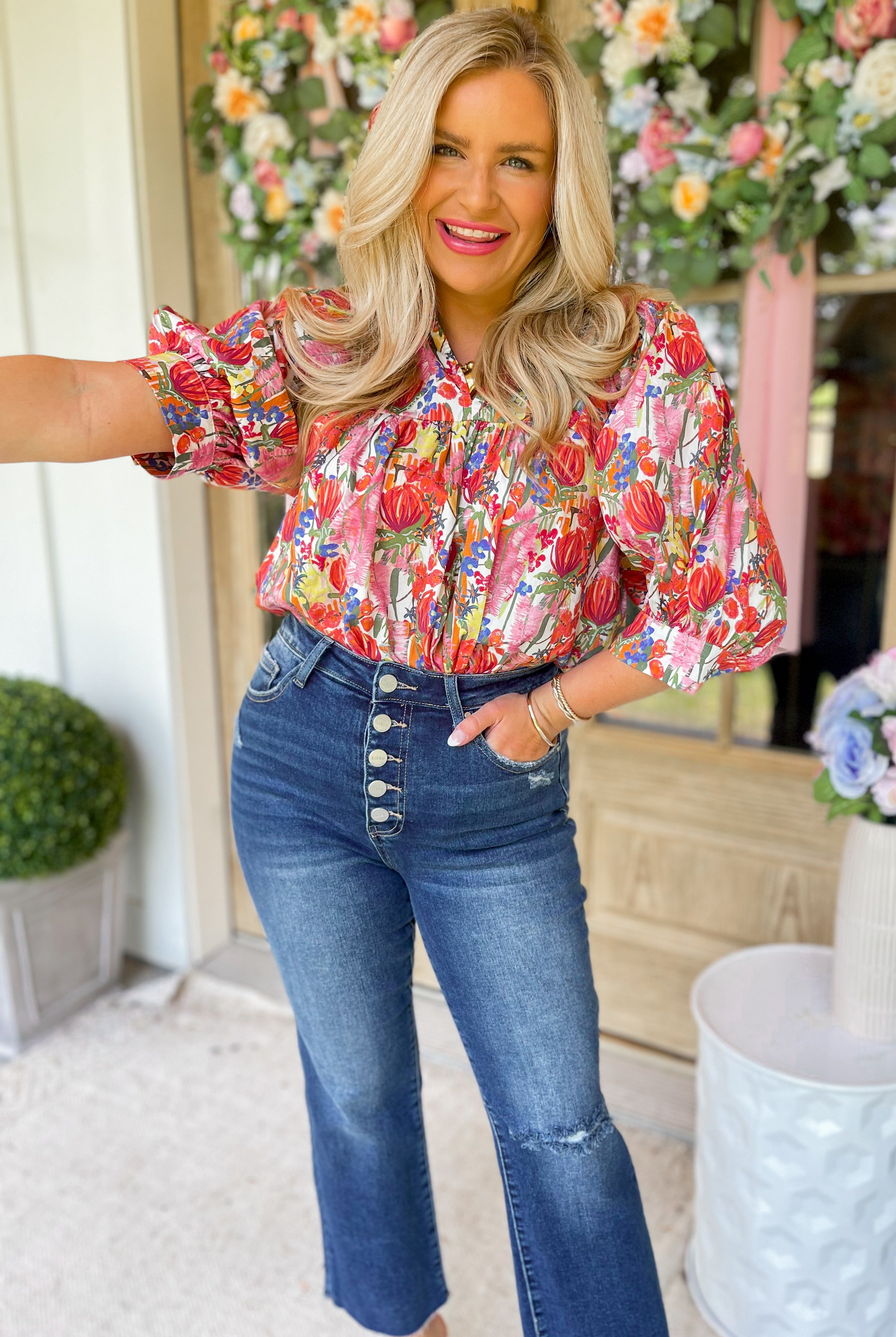Reed Floral Print Half Sleeve Top - Be You Boutique