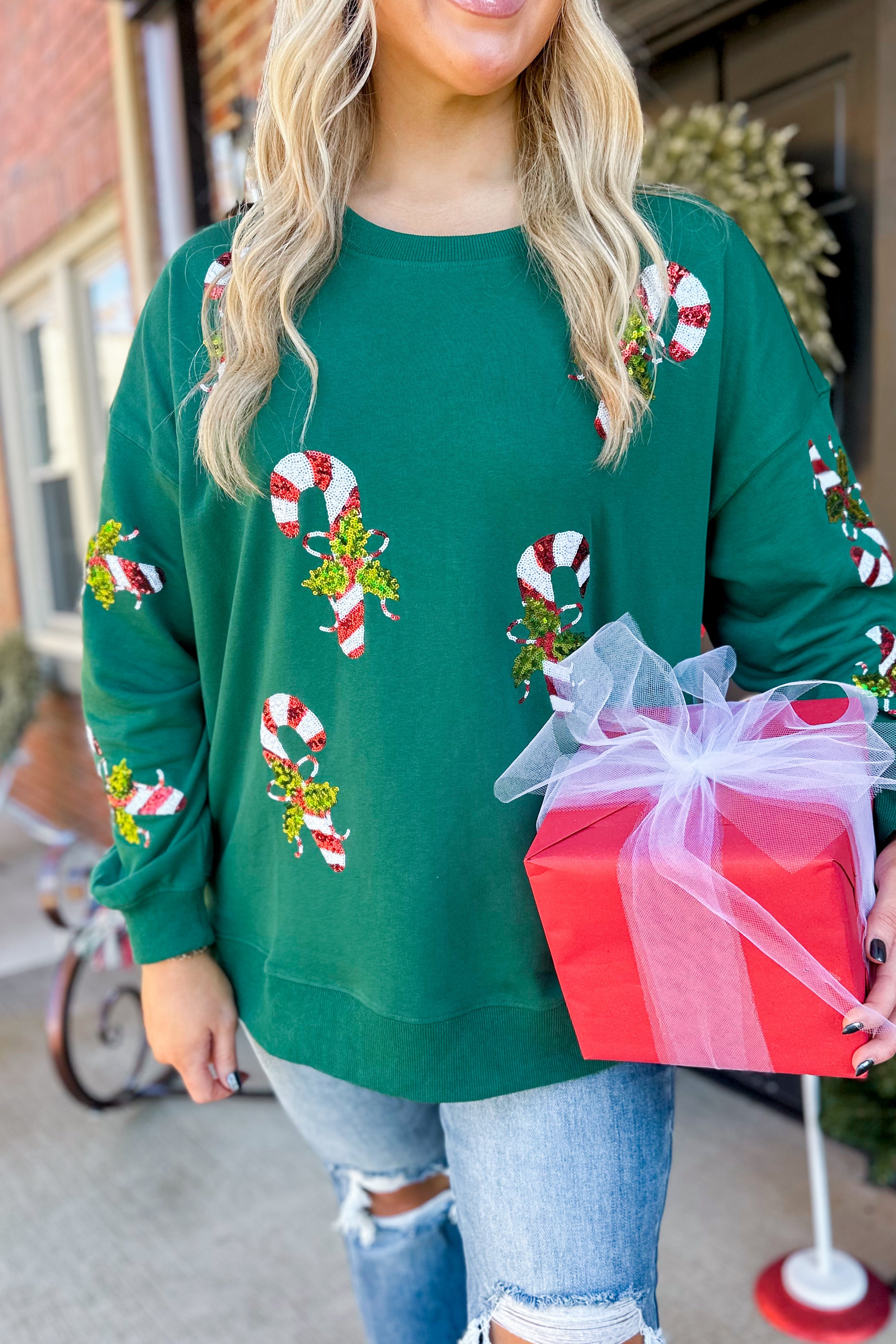 Candy Cane Sequine Long Sleeve Pullover Sweatshirt - Be You Boutique